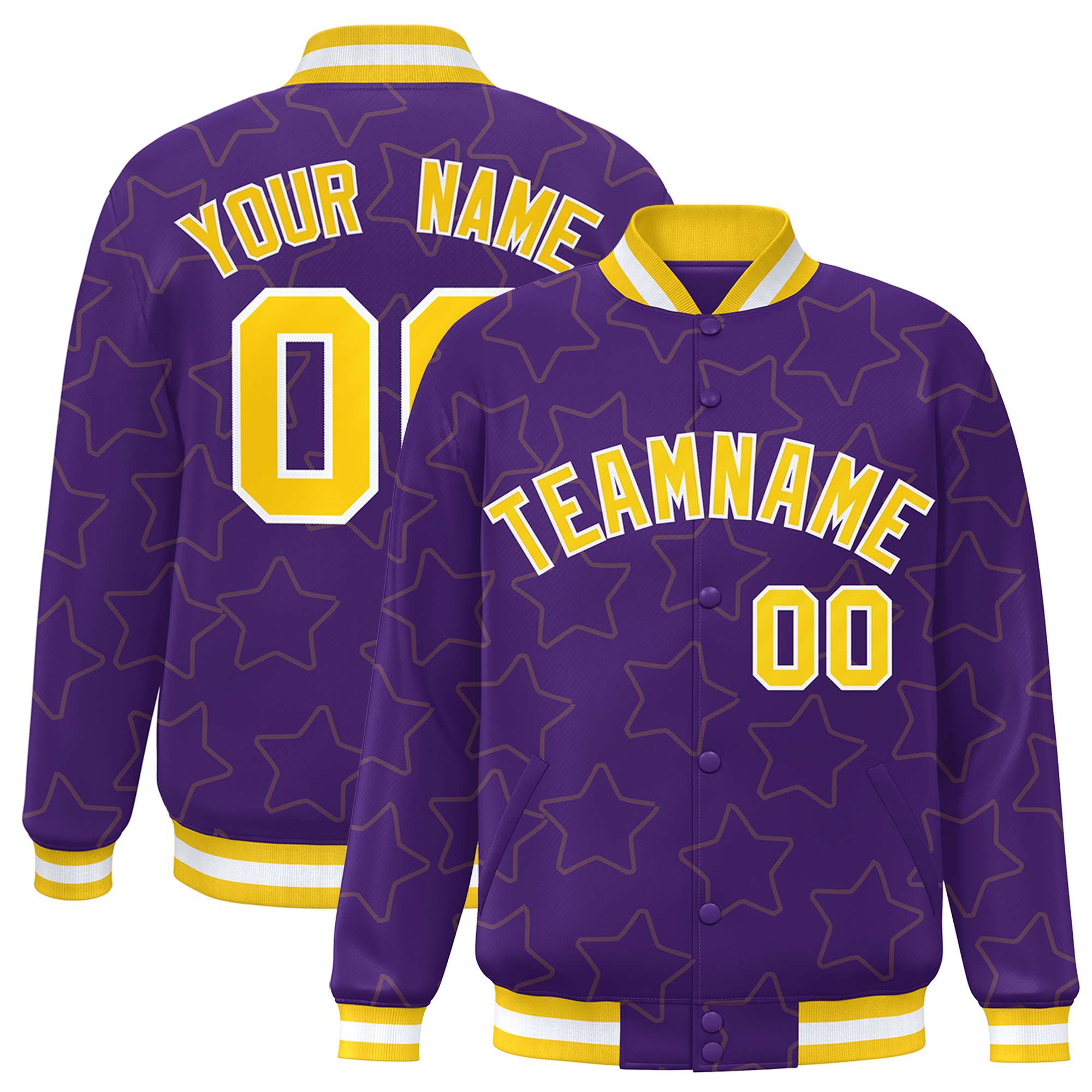 Custom Purple Gold Varsity Full-Snap Star Pattern Letterman Baseball Jacket