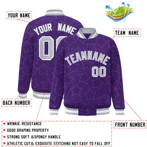 Custom Purple Gray Varsity Full-Snap Star Pattern Letterman Baseball Jacket