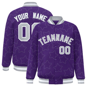 Custom Purple Gray Varsity Full-Snap Star Pattern Letterman Baseball Jacket