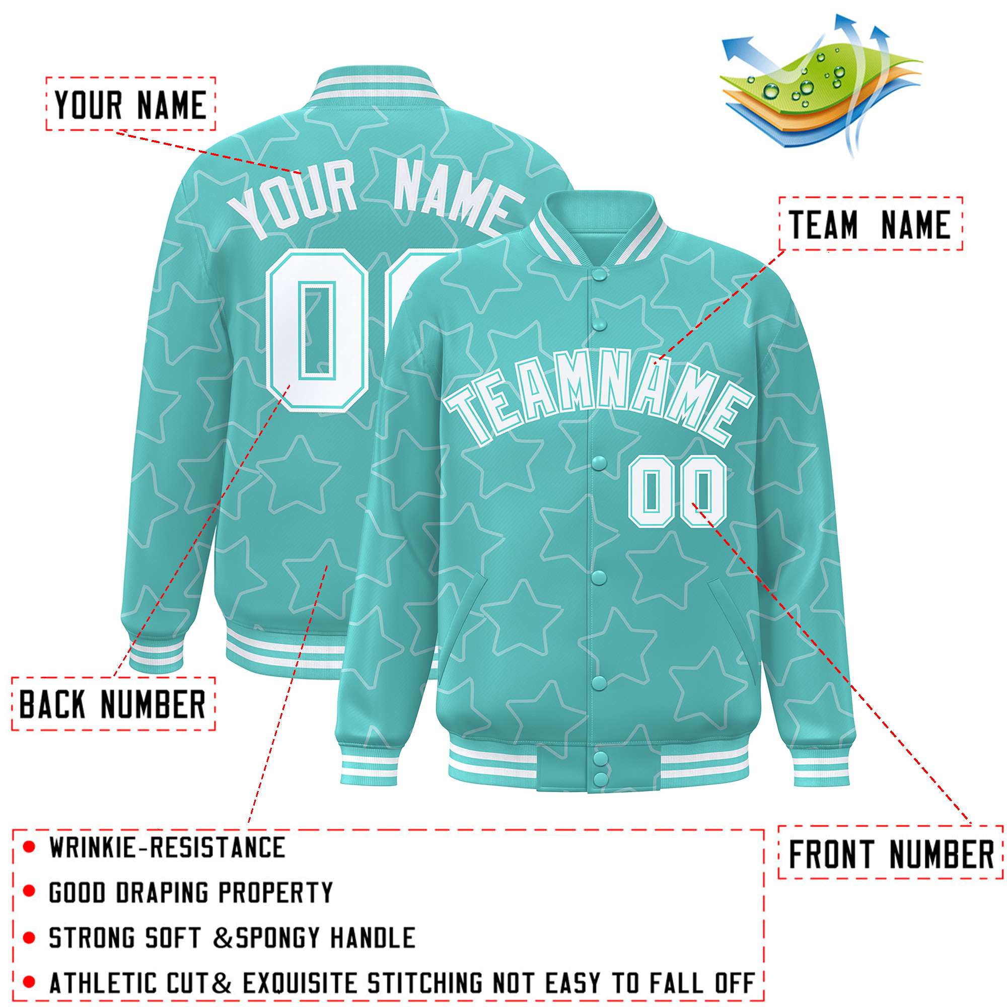 Custom Bright Green White Varsity Full-Snap Star Pattern Letterman Baseball Jacket