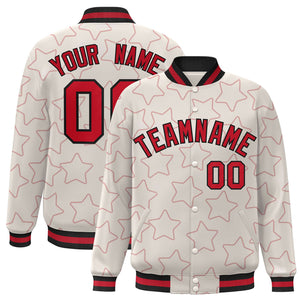 Custom Cream Red Varsity Full-Snap Star Pattern Letterman Baseball Jacket