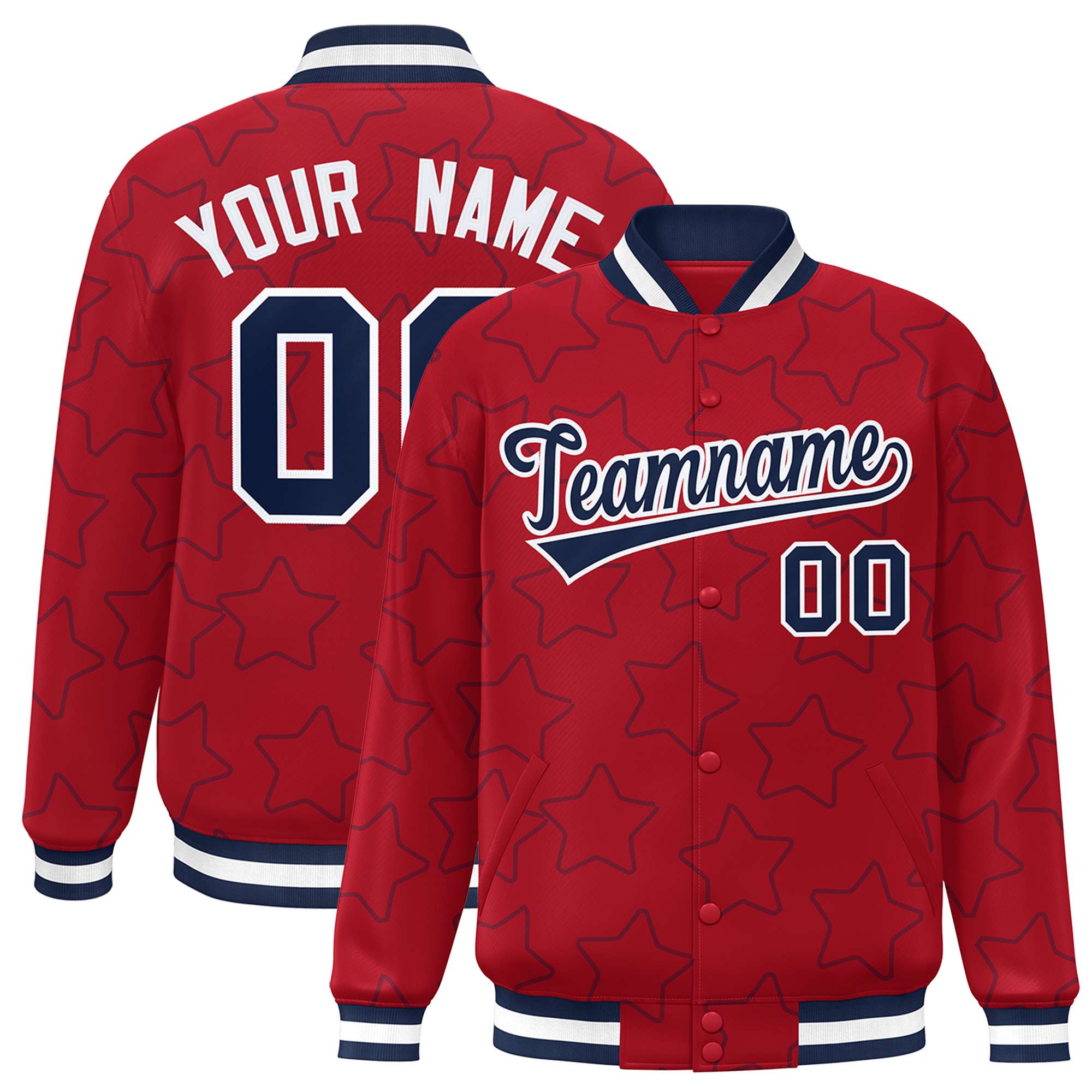 Custom Red Navy Varsity Full-Snap Star Pattern Letterman Baseball Jacket