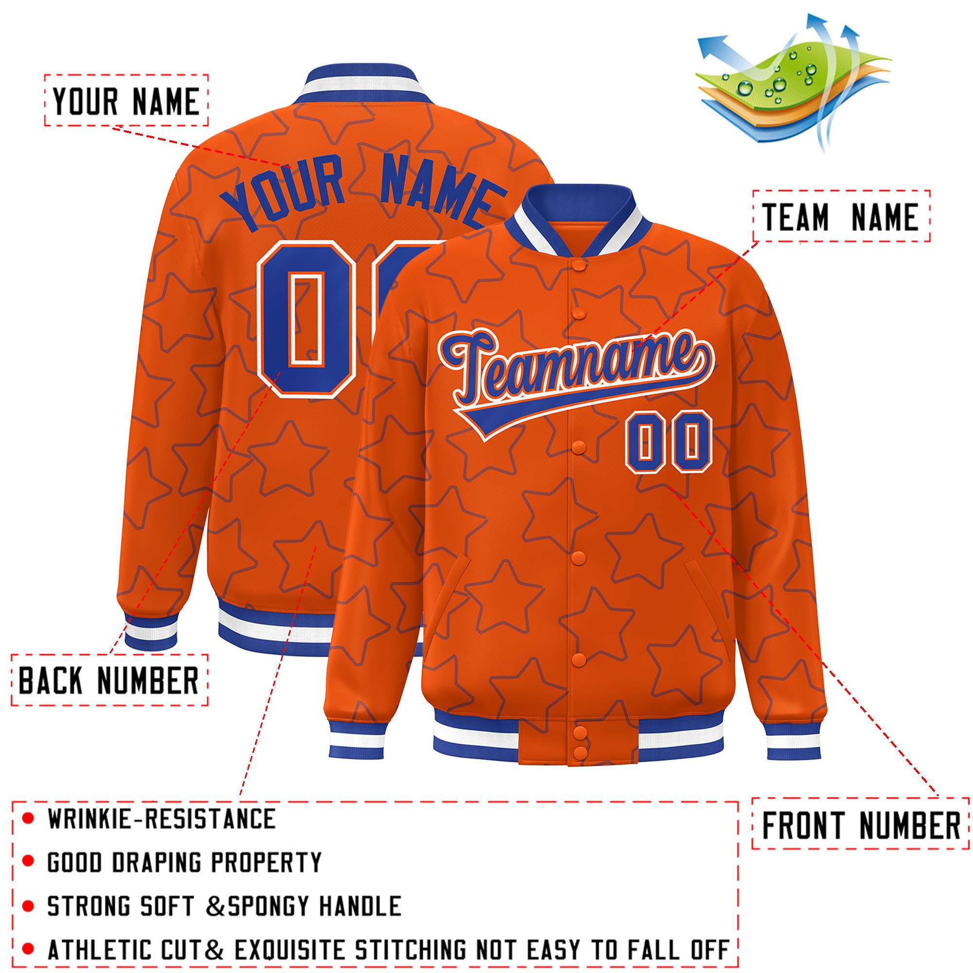 Custom Orange Royal Varsity Full-Snap Star Pattern Letterman Baseball Jacket