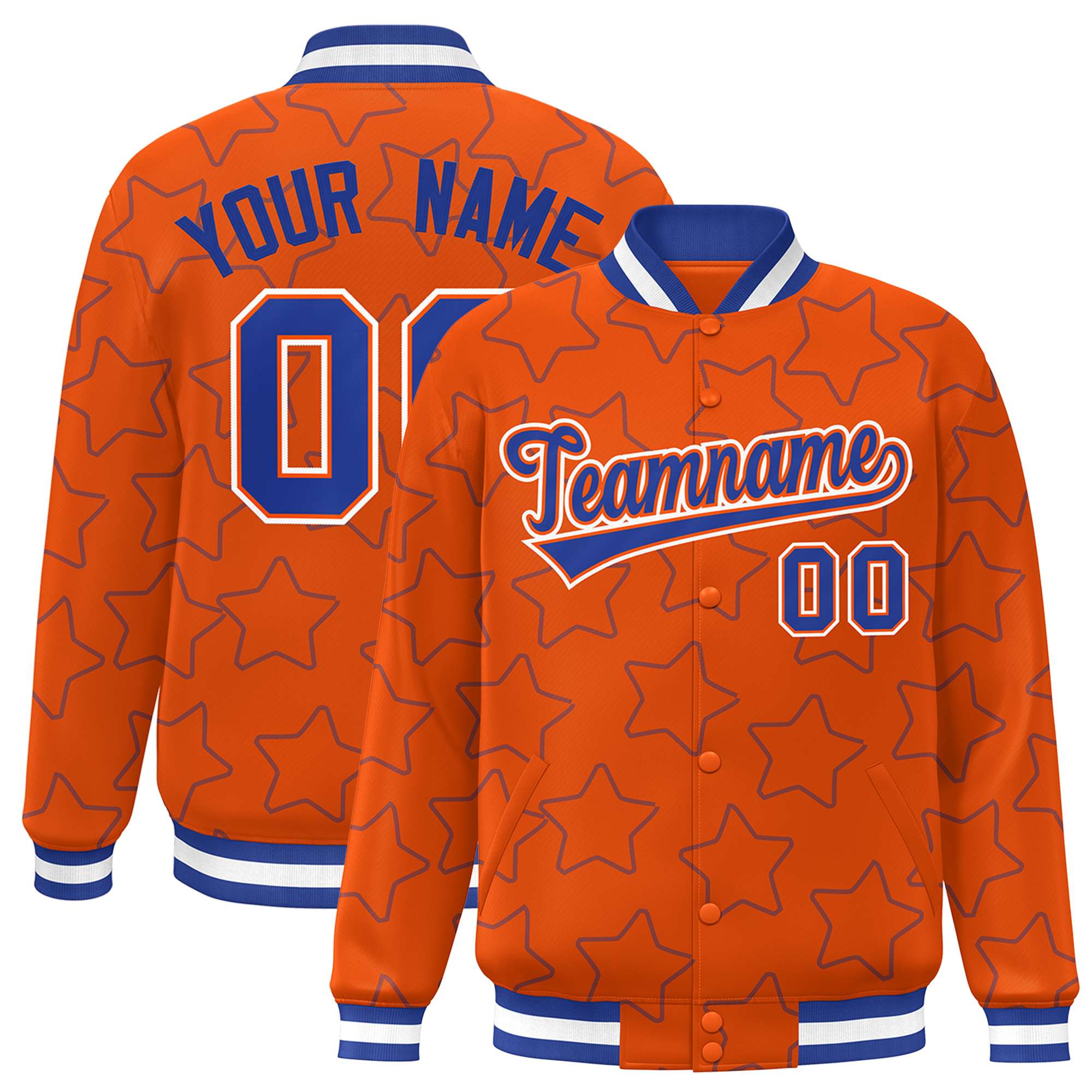 Custom Orange Royal Varsity Full-Snap Star Pattern Letterman Baseball Jacket