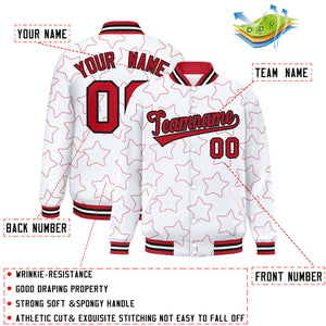 Custom White Red Varsity Full-Snap Star Pattern Letterman Baseball Jacket