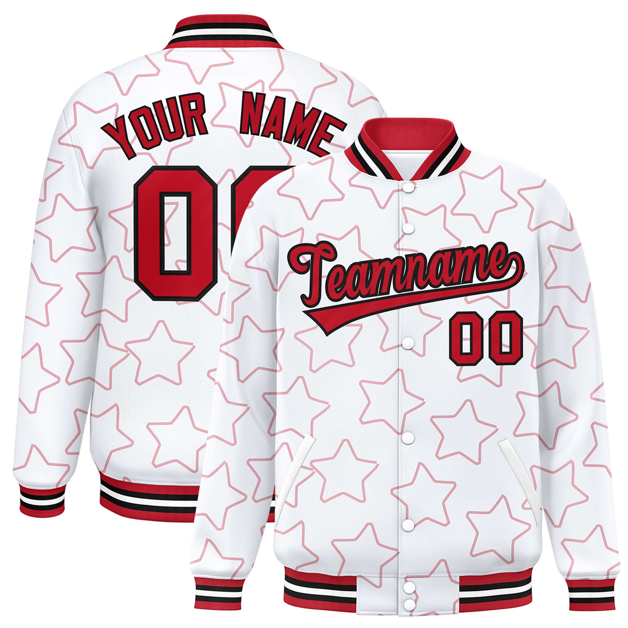 Custom White Red Varsity Full-Snap Star Pattern Letterman Baseball Jacket