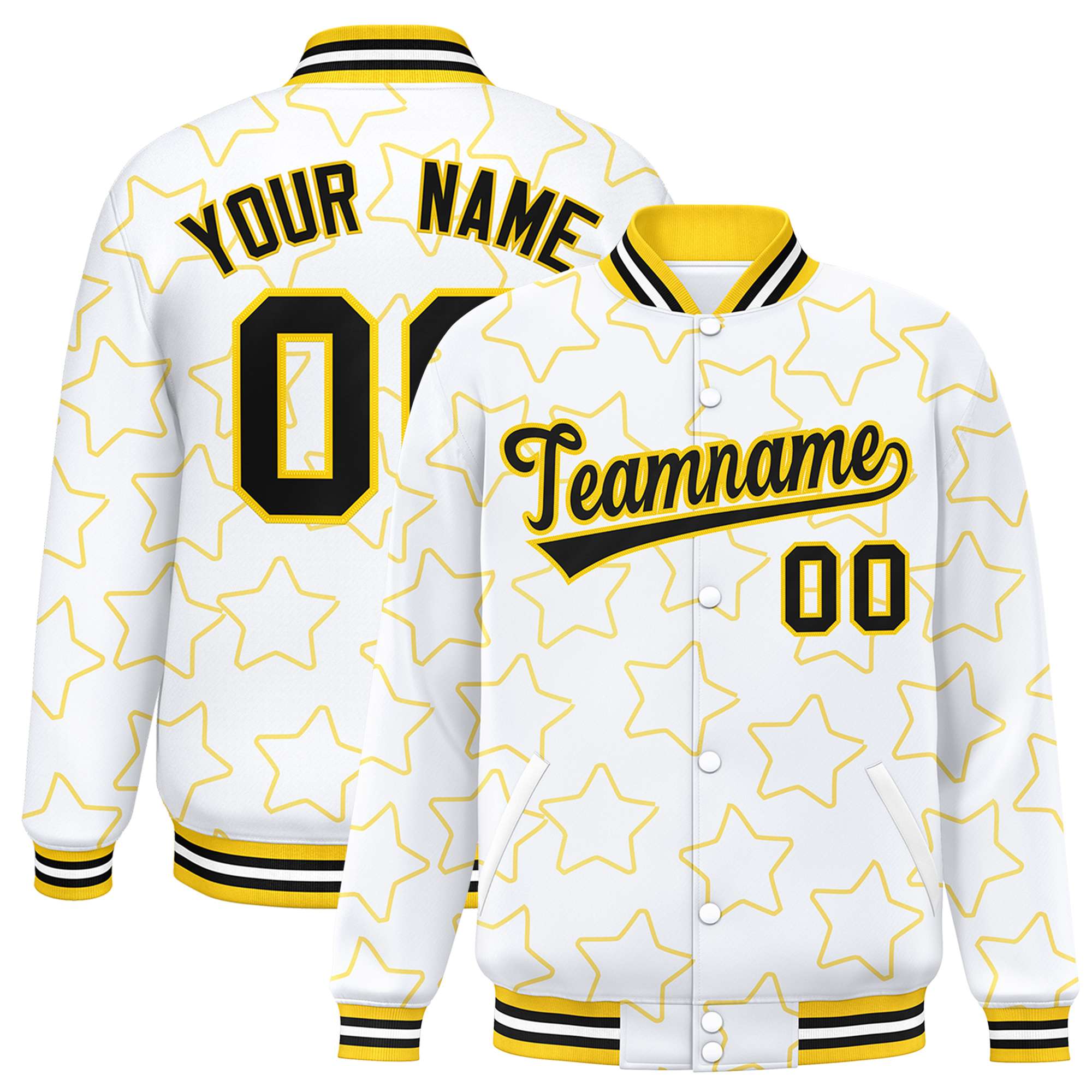 Custom White Gold Varsity Full-Snap Star Pattern Letterman Baseball Jacket