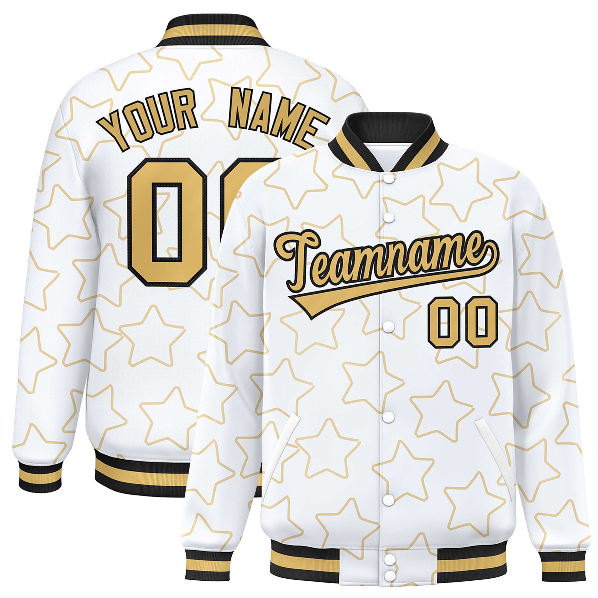 Custom White Old Gold Varsity Full-Snap Star Pattern Letterman Baseball Jacket