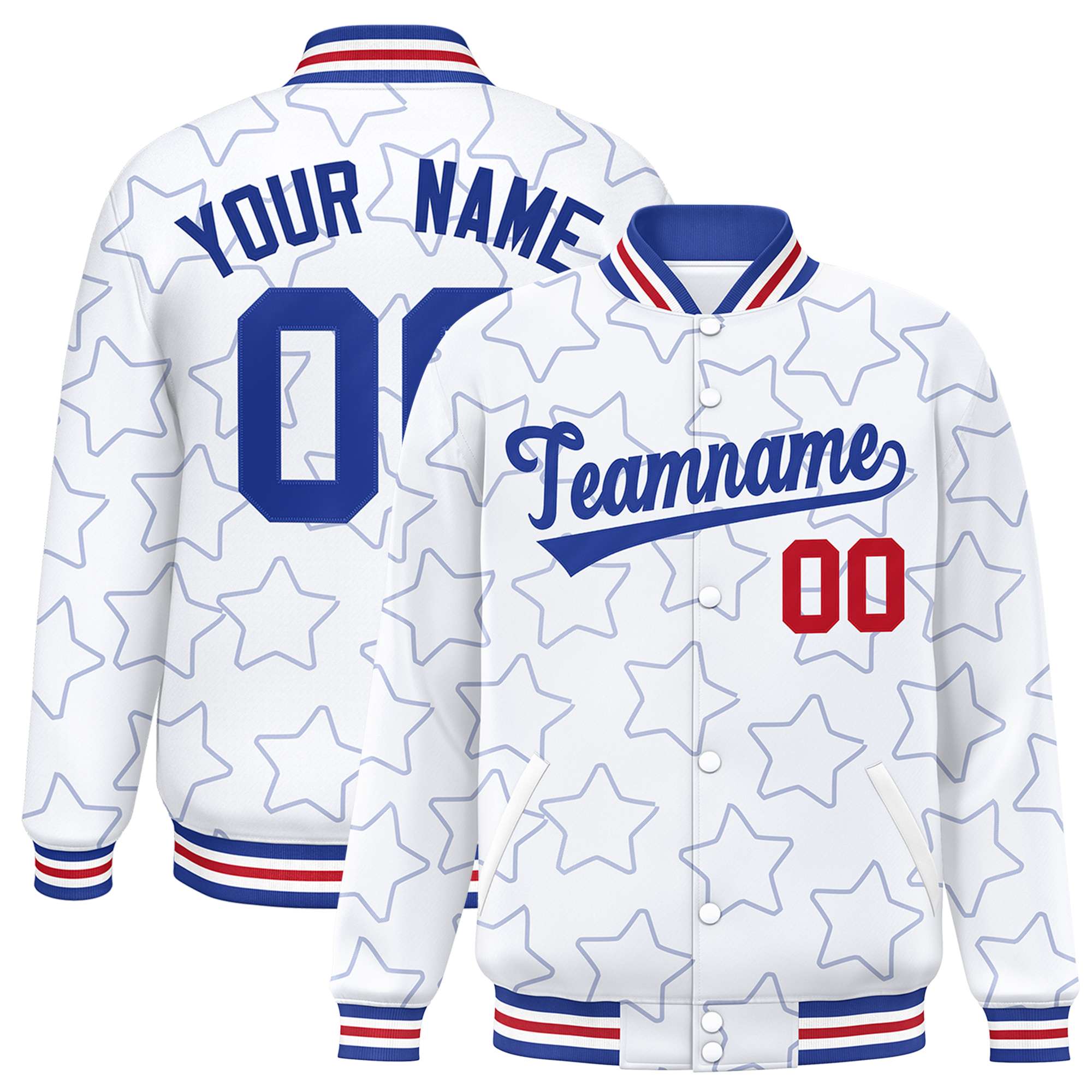 Custom White Royal Varsity Full-Snap Star Pattern Letterman Baseball Jacket