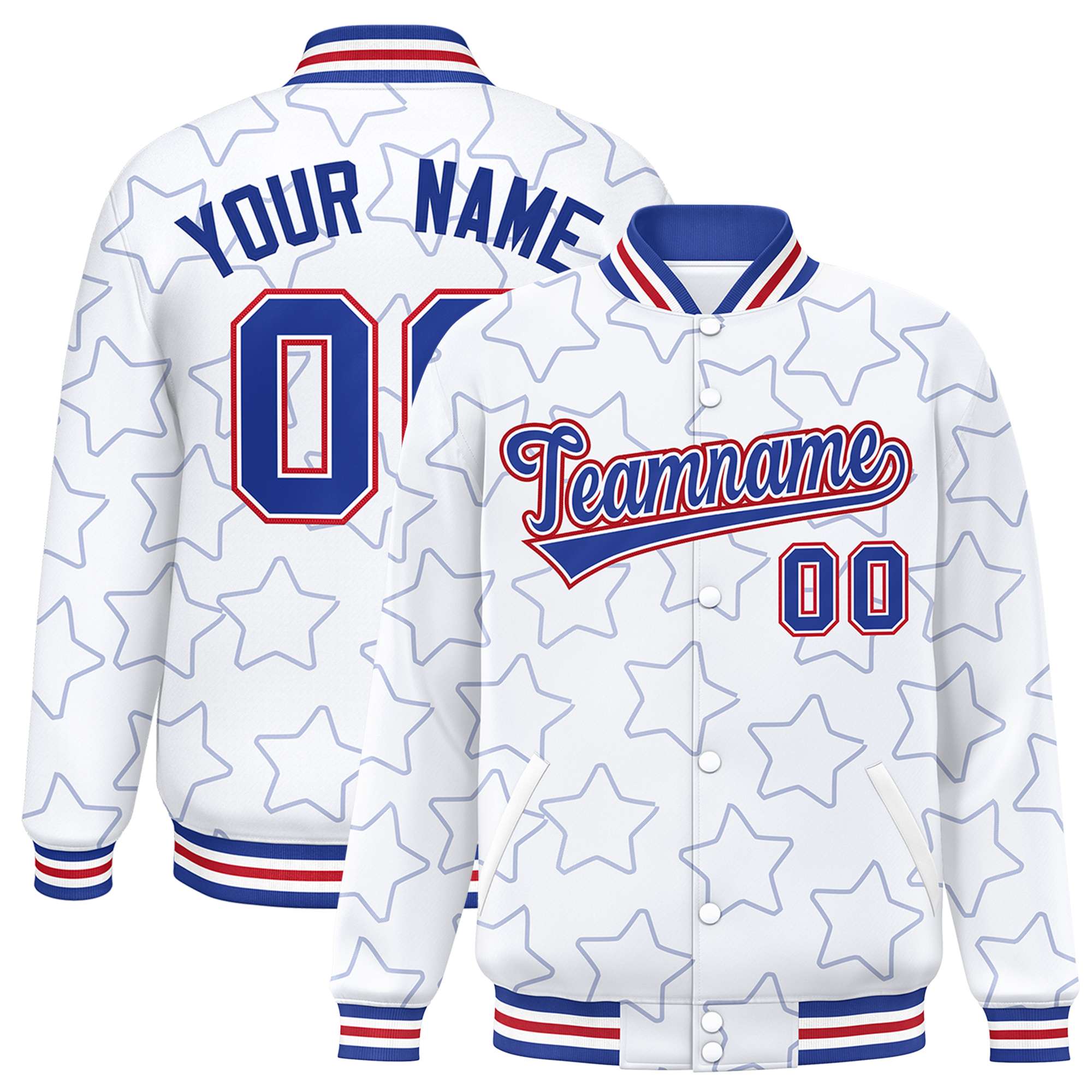 Custom White Royal Varsity Full-Snap Star Pattern Letterman Baseball Jacket