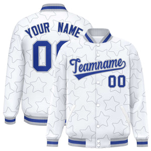 Custom White Gray Varsity Full-Snap Star Pattern Letterman Baseball Jacket