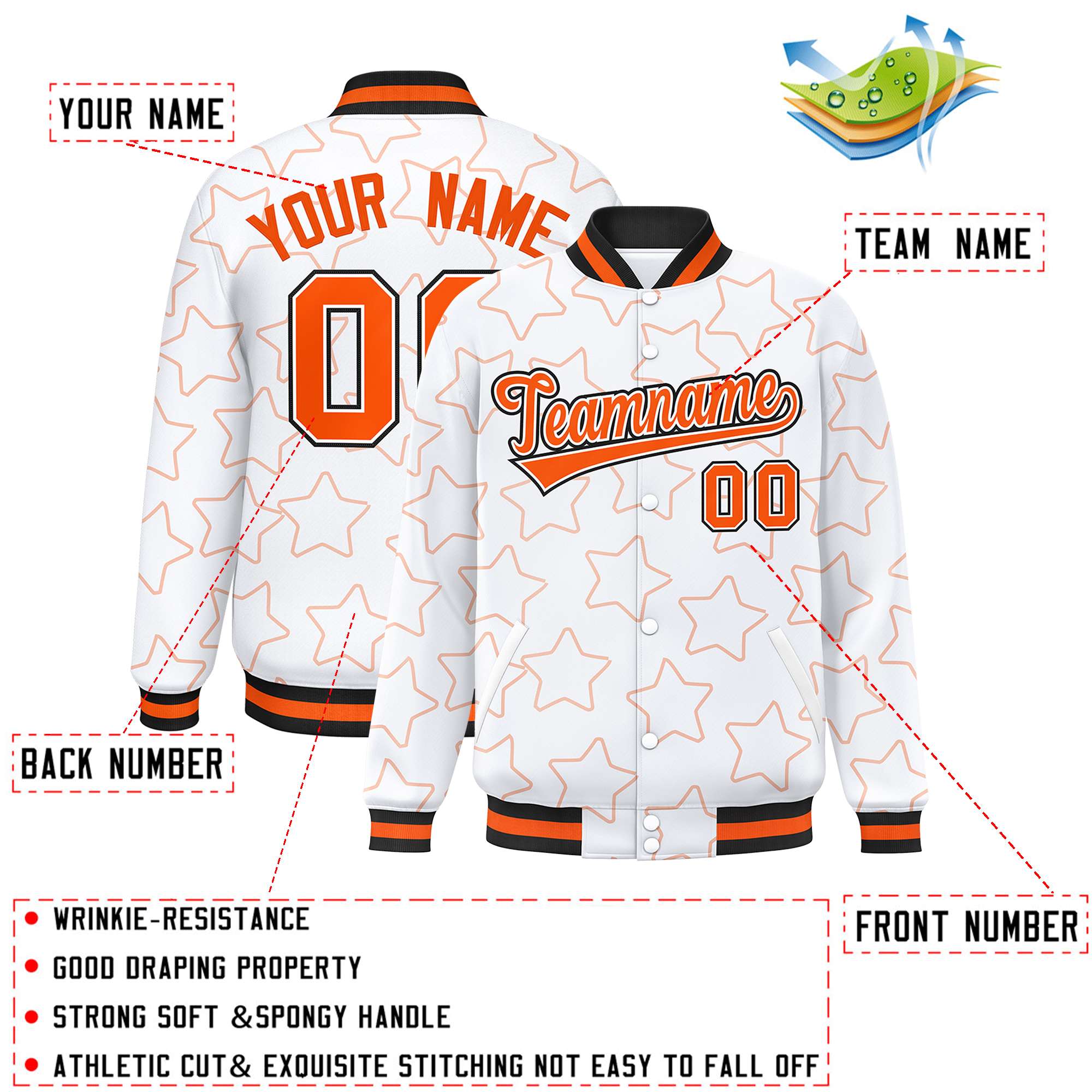 Custom White Orange Varsity Full-Snap Star Pattern Letterman Baseball Jacket