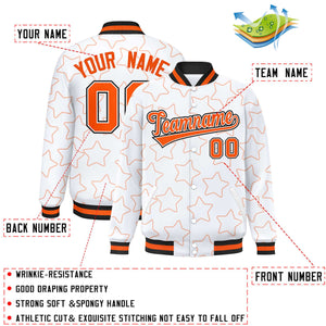 Custom White Orange Varsity Full-Snap Star Pattern Letterman Baseball Jacket