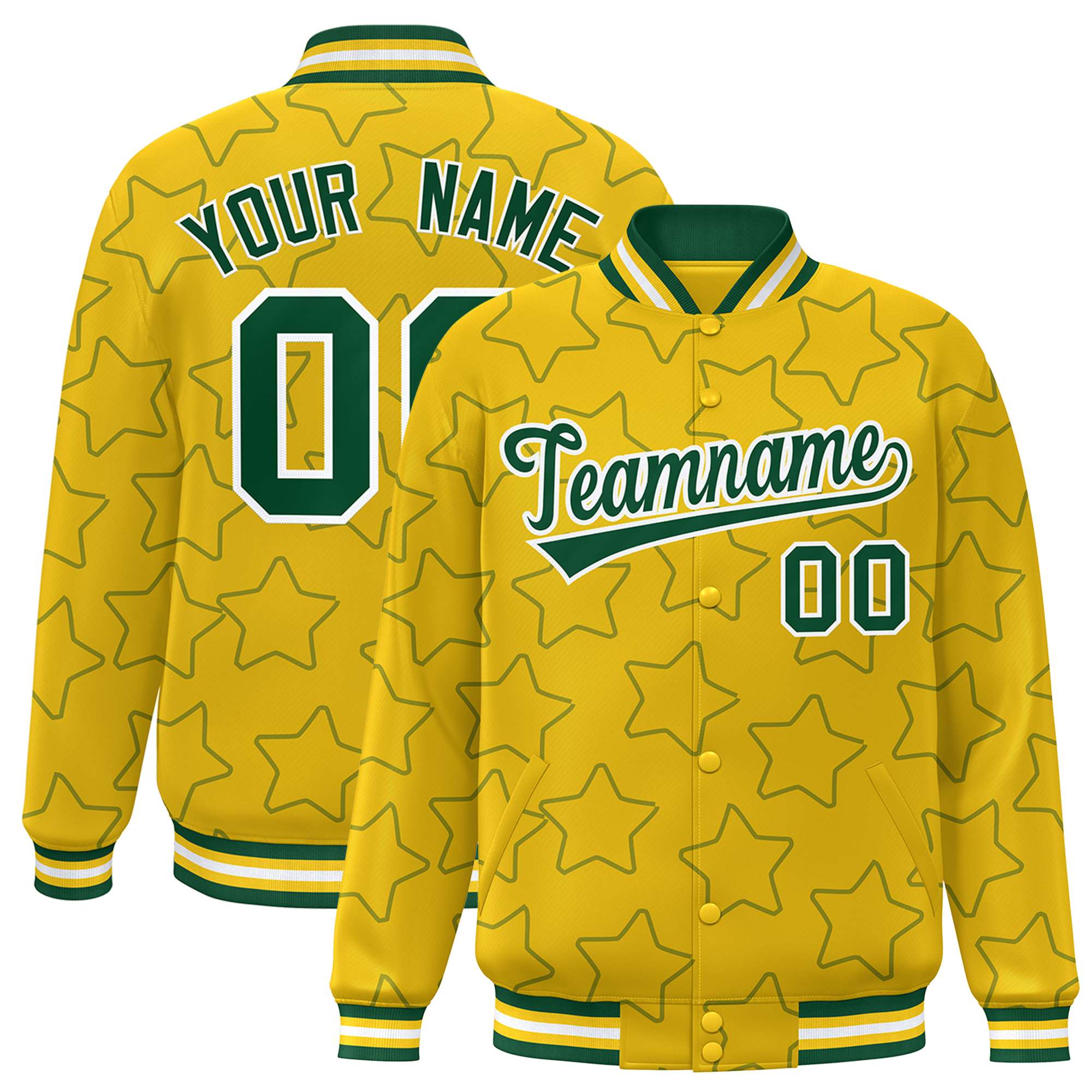 Custom Gold Green Varsity Full-Snap Star Pattern Letterman Baseball Jacket