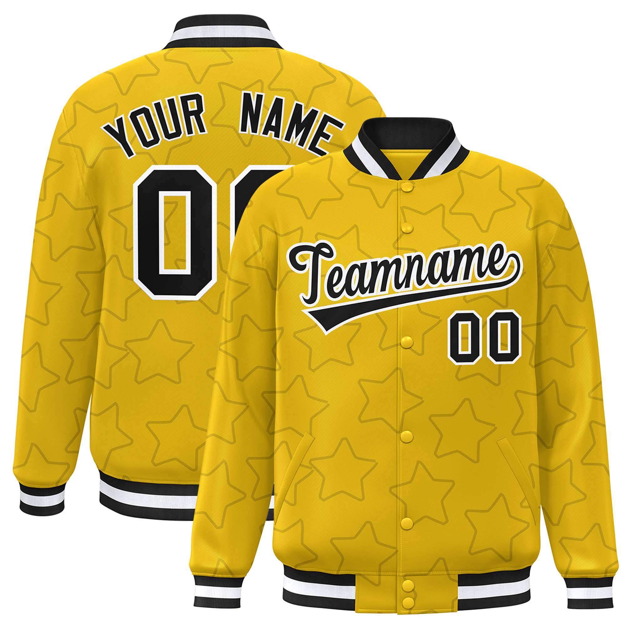 Custom Gold Black Varsity Full-Snap Star Pattern Letterman Baseball Jacket