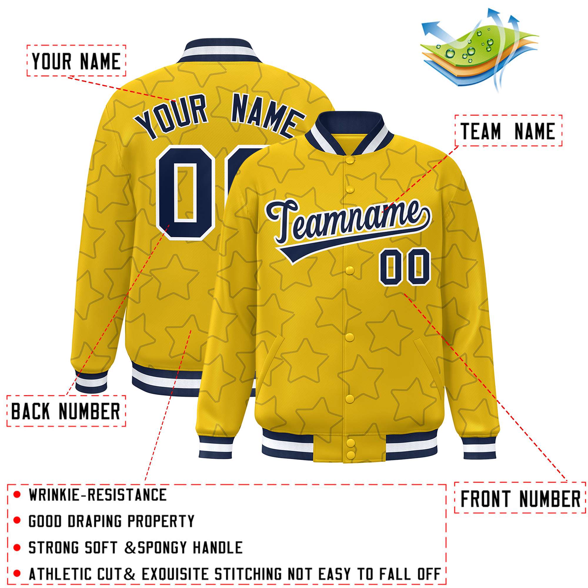 Custom Gold Navy Varsity Full-Snap Star Pattern Letterman Baseball Jacket