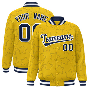 Custom Gold Navy Varsity Full-Snap Star Pattern Letterman Baseball Jacket