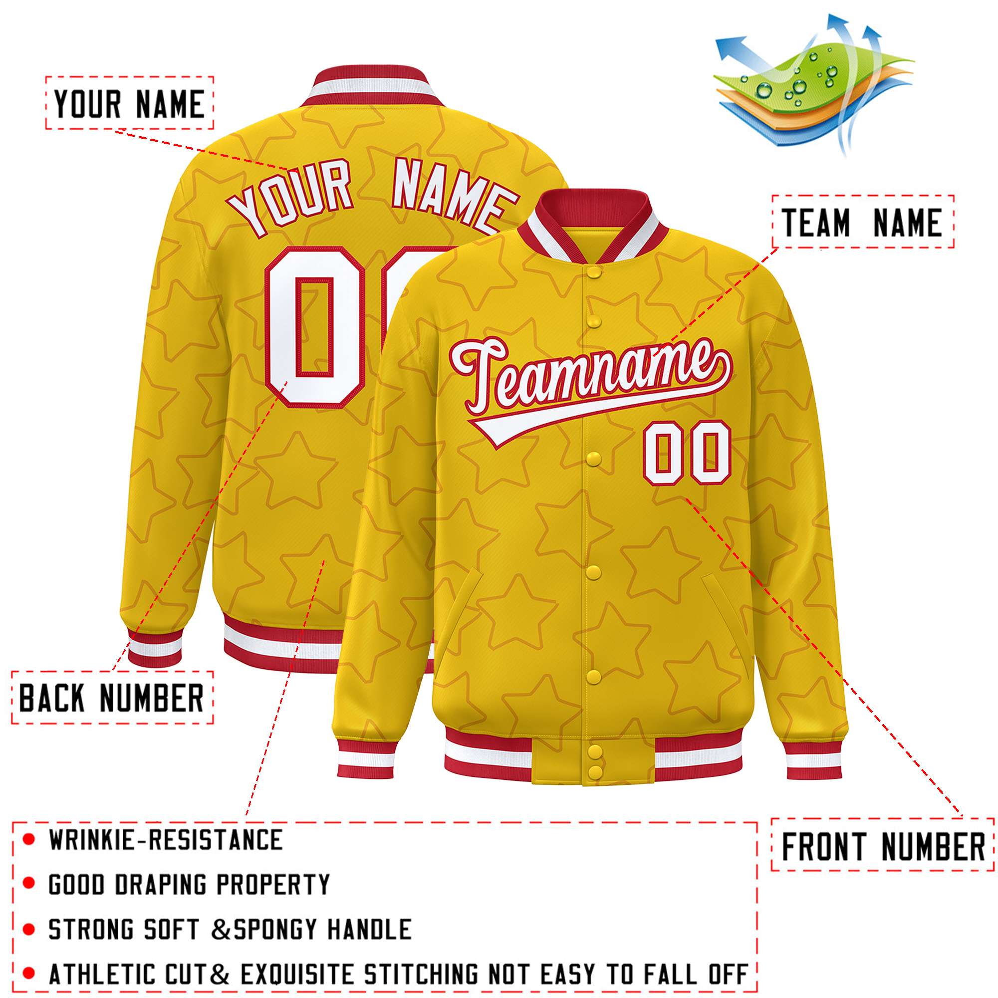 Custom Gold Red Varsity Full-Snap Star Pattern Letterman Baseball Jacket