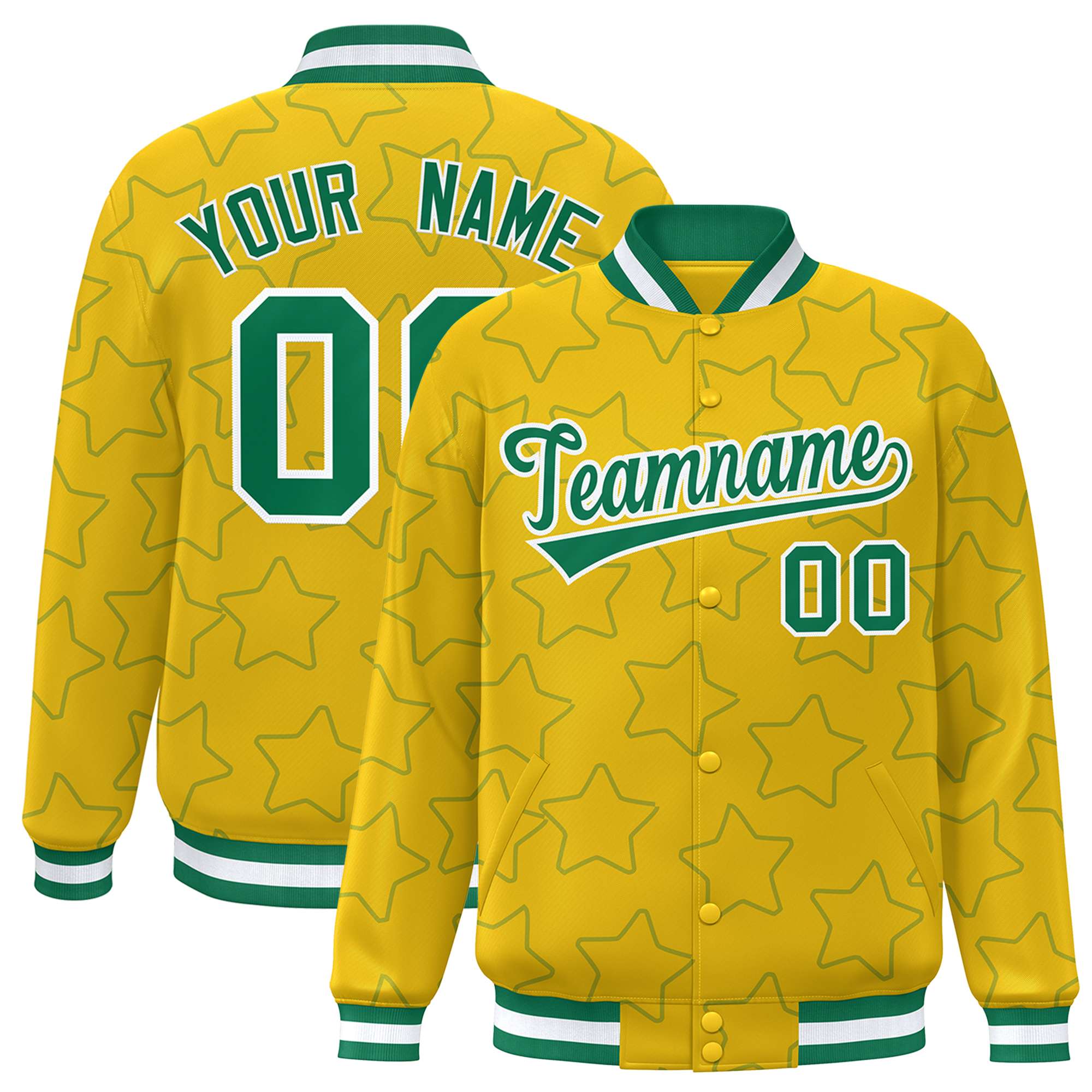 Custom Gold Kelly Green Varsity Full-Snap Star Pattern Letterman Baseball Jacket