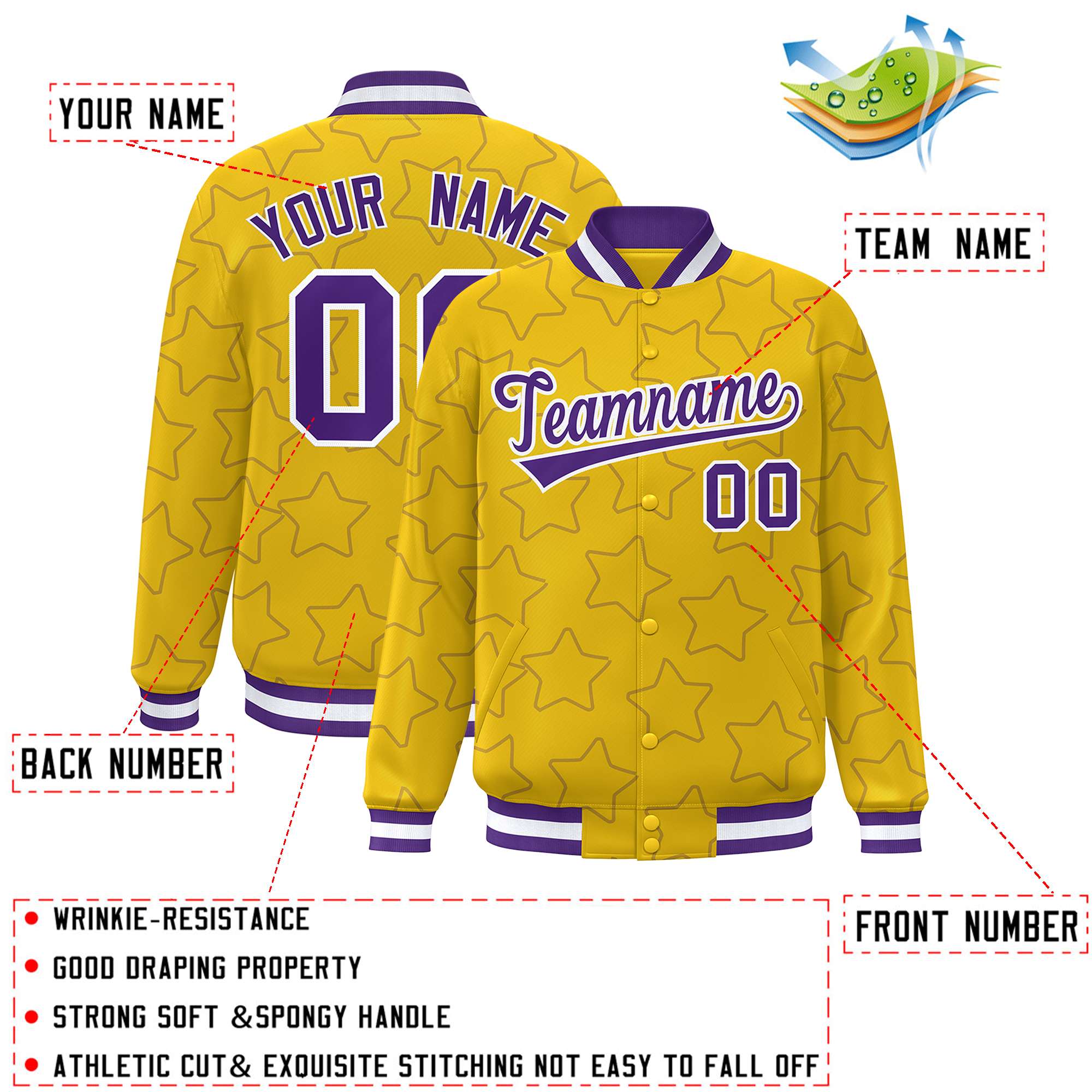 Custom Gold Purple Varsity Full-Snap Star Pattern Letterman Baseball Jacket