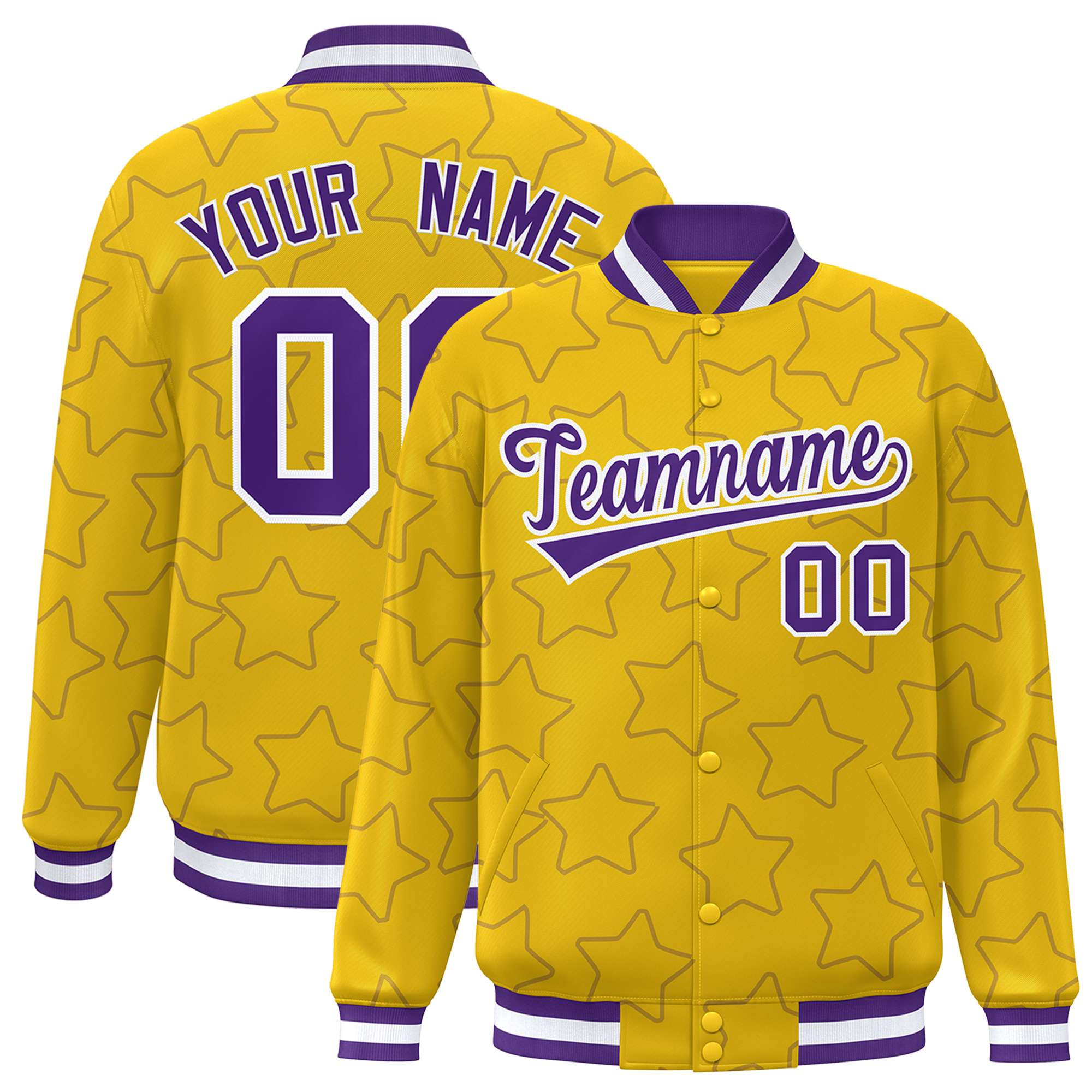 Custom Gold Purple Varsity Full-Snap Star Pattern Letterman Baseball Jacket