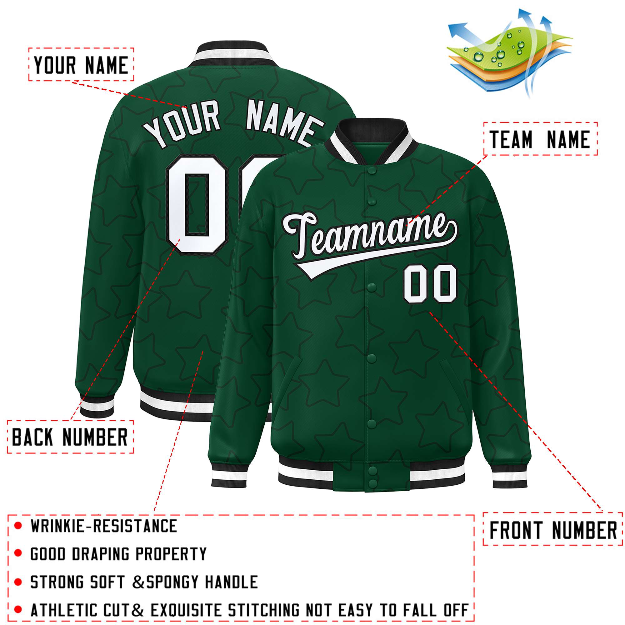 Custom Green Black Varsity Full-Snap Star Pattern Letterman Baseball Jacket