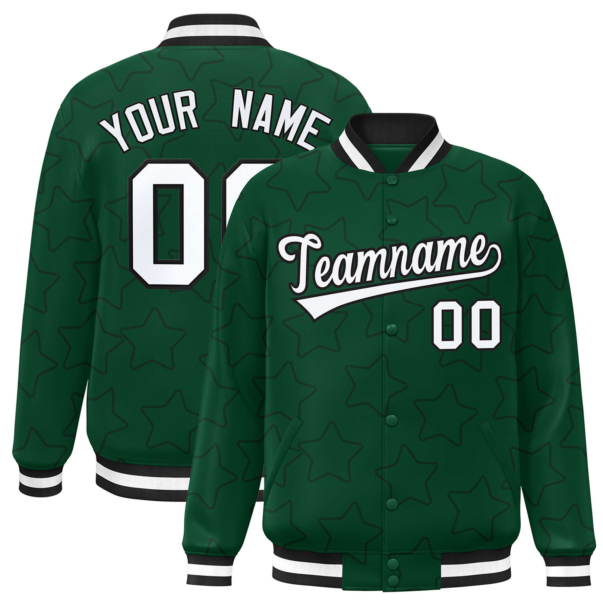 Custom Green Black Varsity Full-Snap Star Pattern Letterman Baseball Jacket