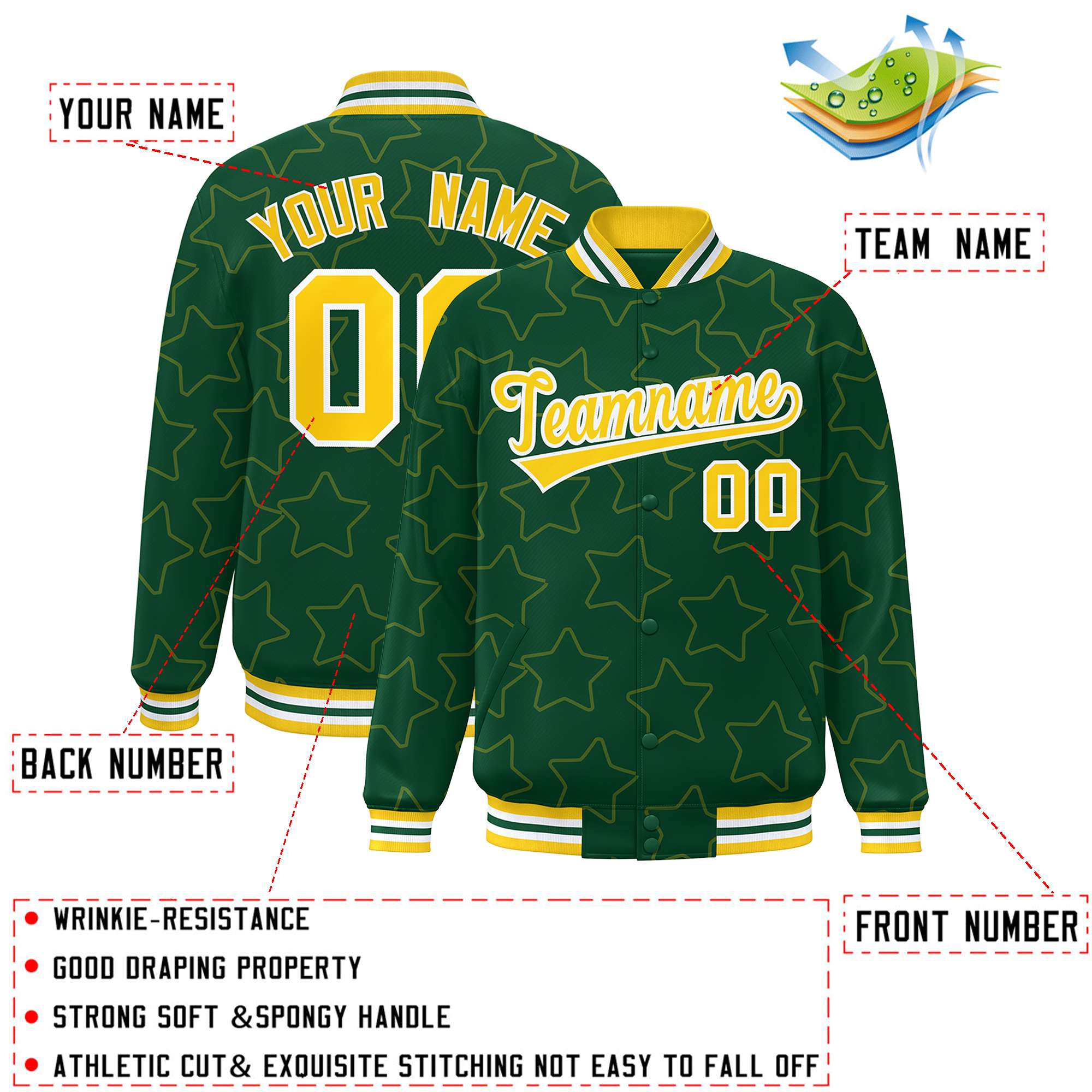 Custom Green Gold Varsity Full-Snap Star Pattern Letterman Baseball Jacket