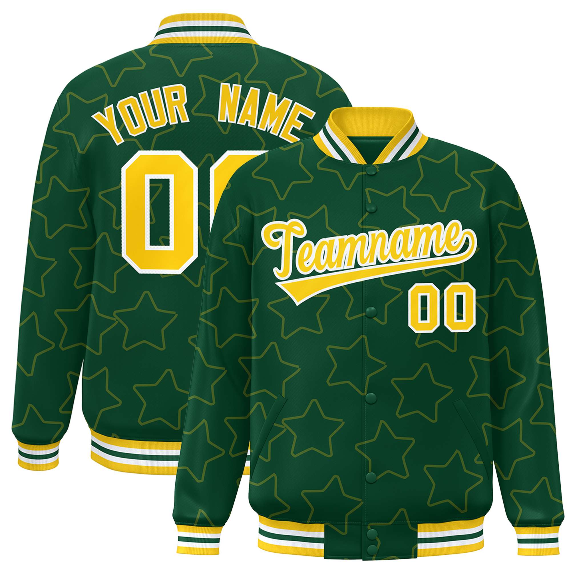 Custom Green Gold Varsity Full Snap Star Pattern Letterman Baseball Ja KXKSHOP