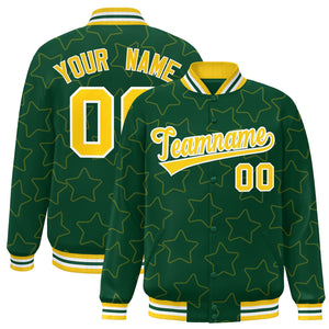 Custom Green Gold Varsity Full-Snap Star Pattern Letterman Baseball Jacket