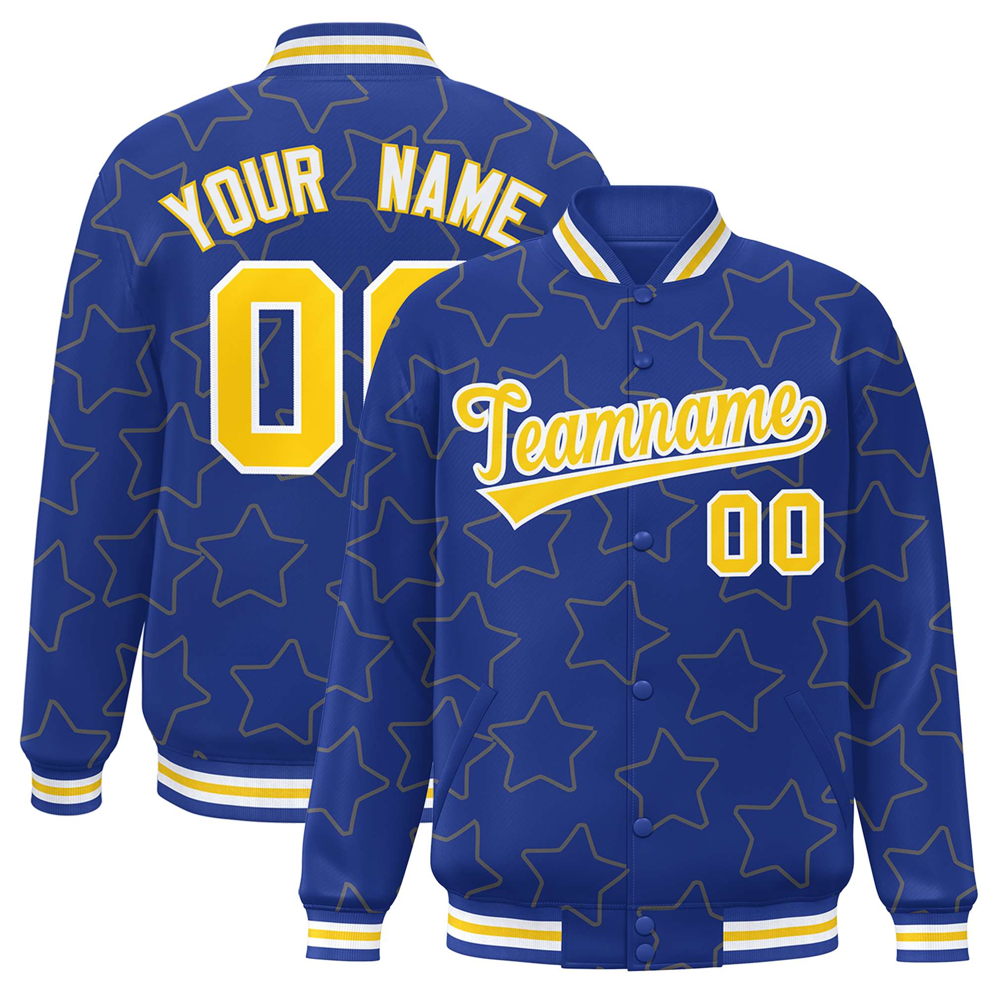 Custom Royal Gold Varsity Full-Snap Star Pattern Letterman Baseball Jacket