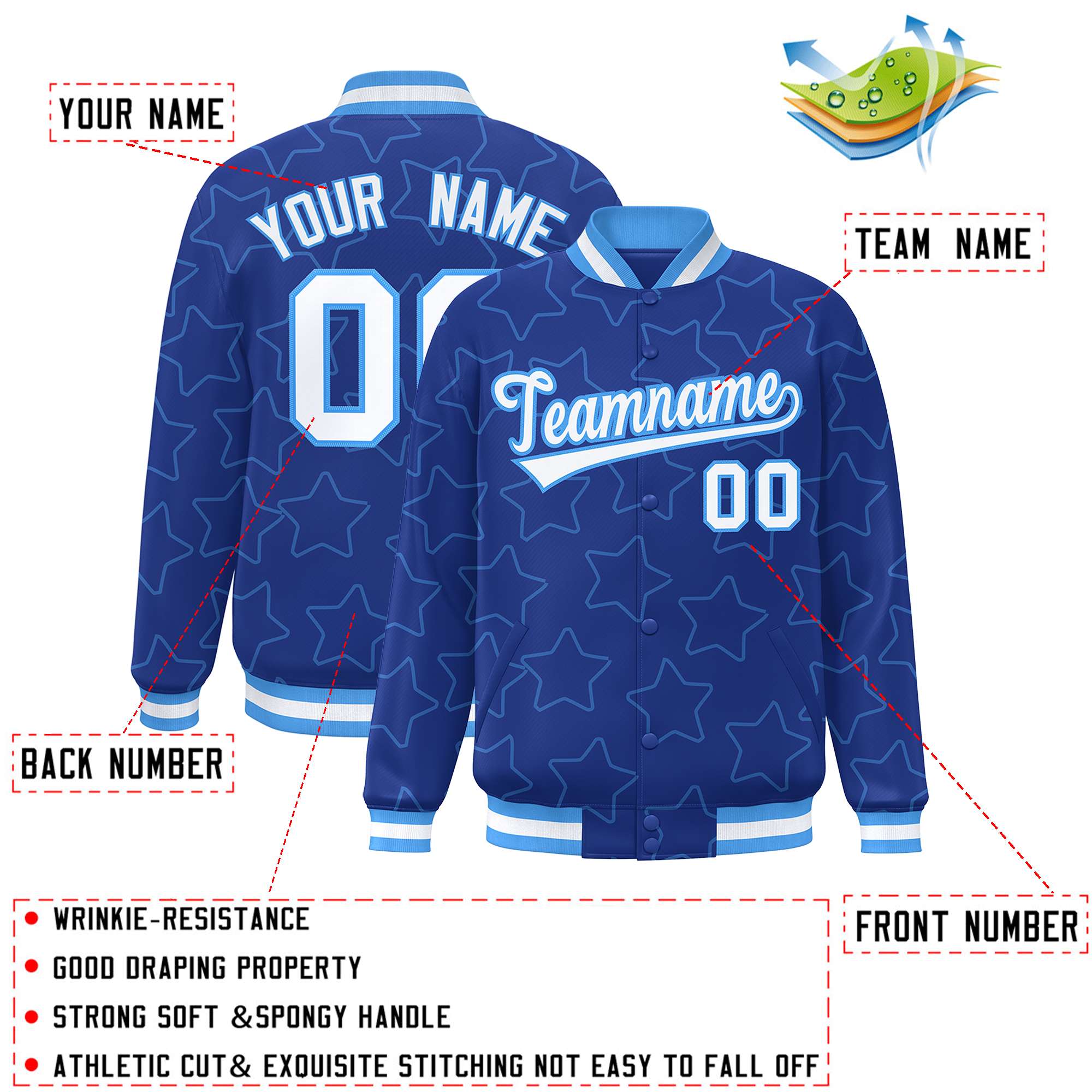 Custom Royal Powder Blue Varsity Full-Snap Star Pattern Letterman Baseball Jacket