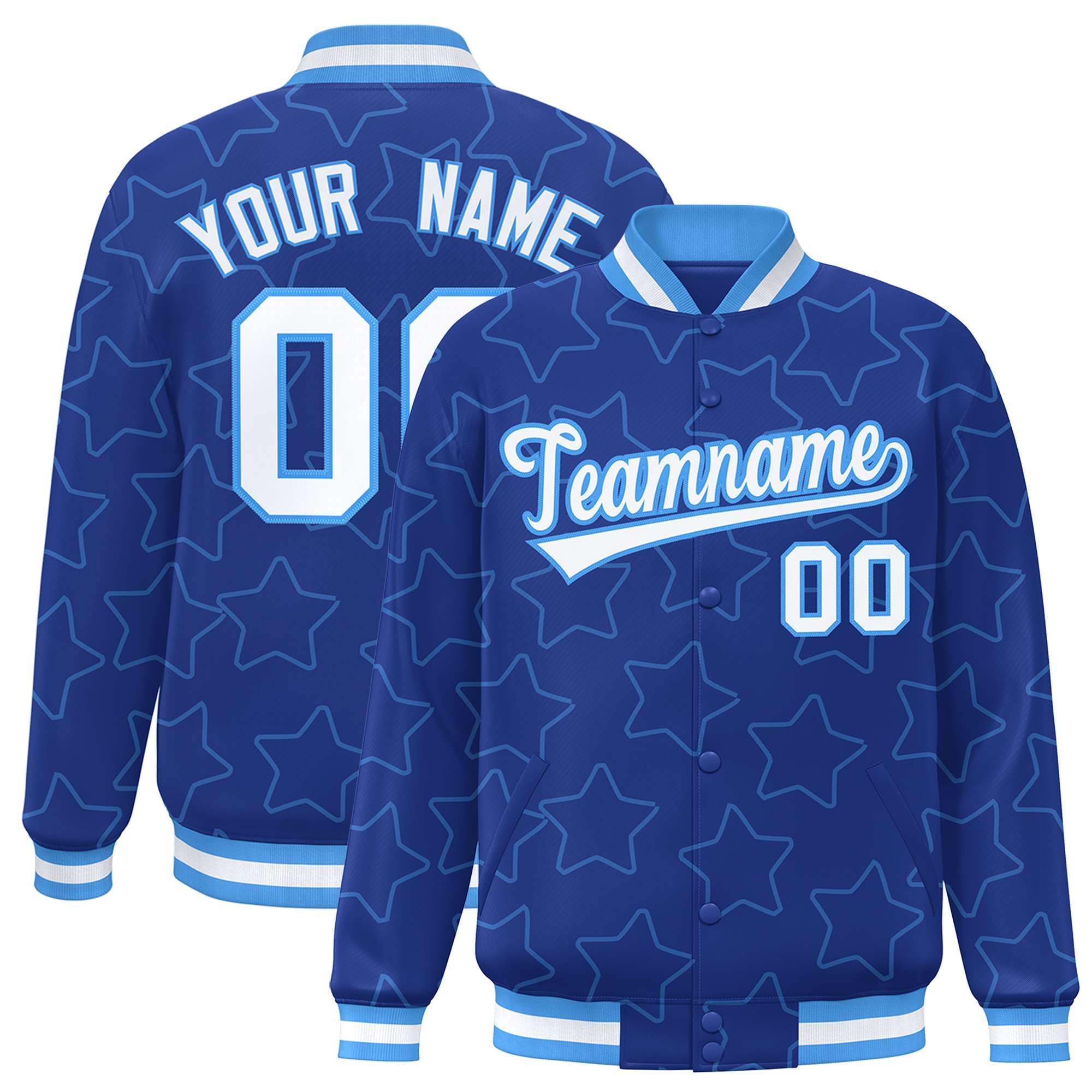 Custom Royal Powder Blue Varsity Full-Snap Star Pattern Letterman Baseball Jacket