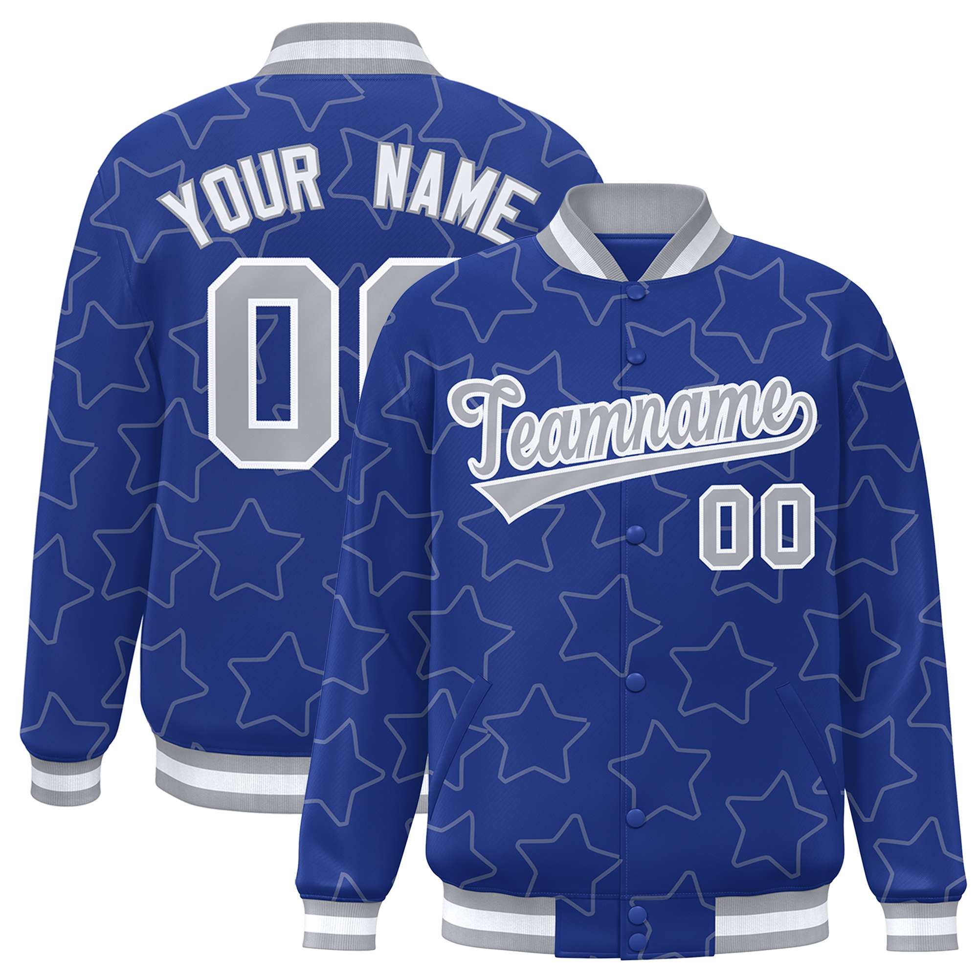 Custom Royal Gray Varsity Full-Snap Star Pattern Letterman Baseball Jacket