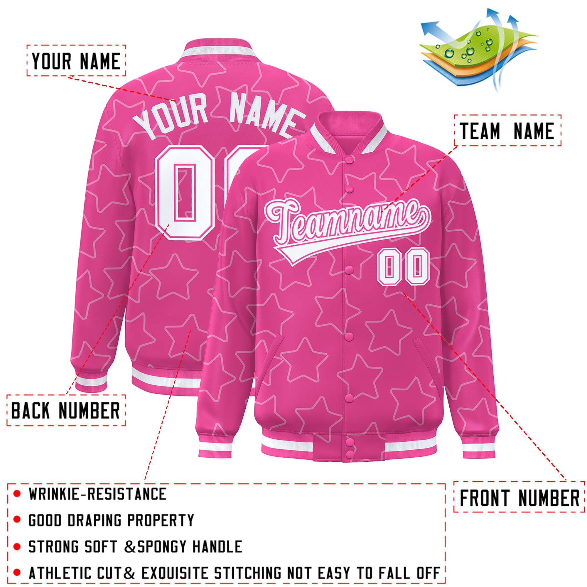 Custom Pink White Varsity Full-Snap Star Pattern Letterman Baseball Jacket