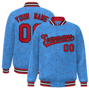 Custom Powder Blue Red Varsity Full-Snap Star Pattern Letterman Baseball Jacket