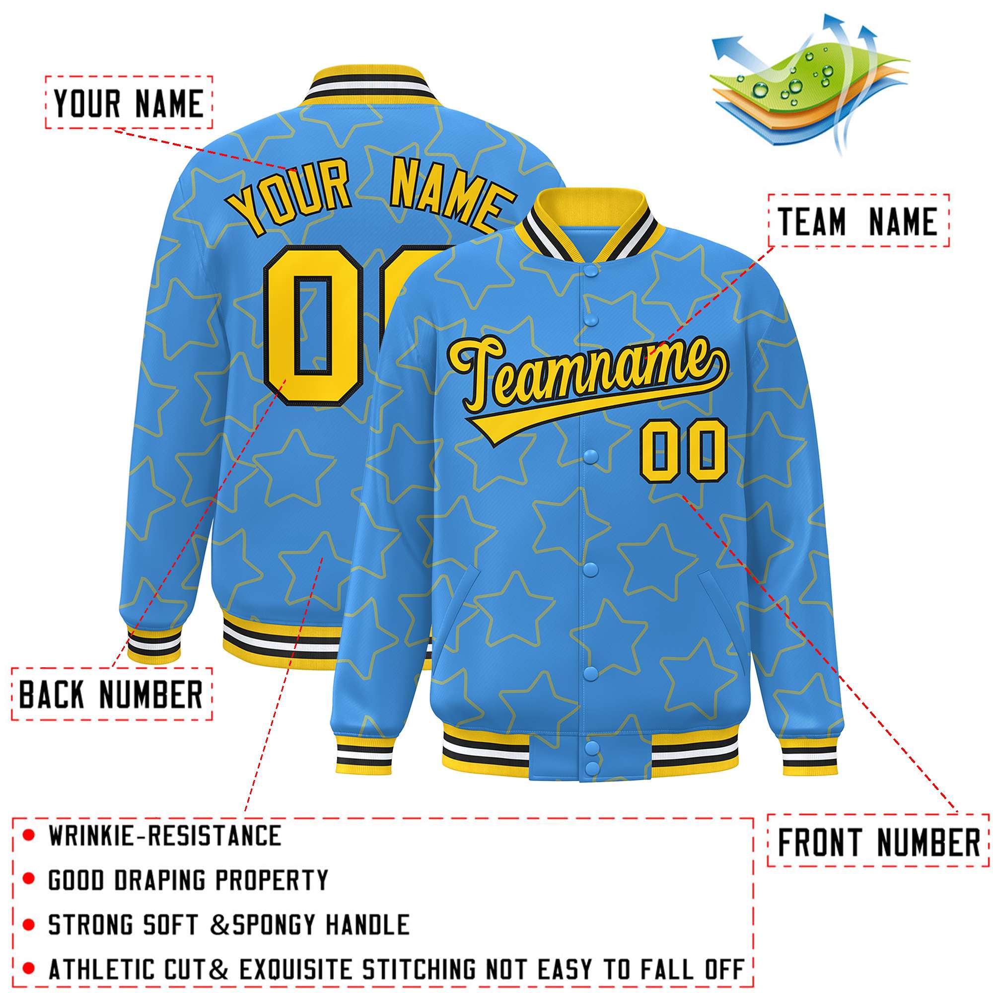 Custom Powder Blue Gold Varsity Full-Snap Star Pattern Letterman Baseball Jacket