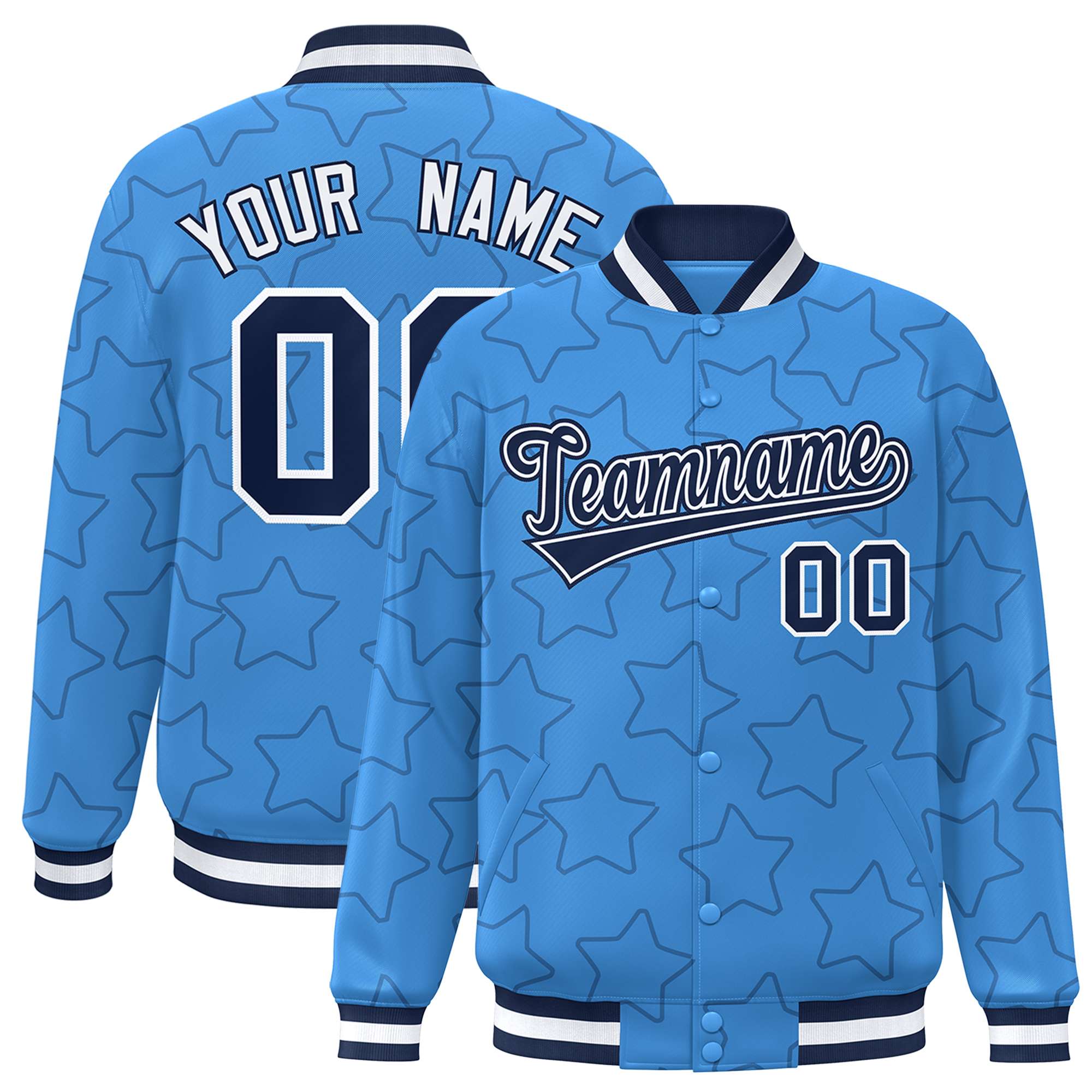 Custom Powder Blue Navy Varsity Full-Snap Star Pattern Letterman Baseball Jacket