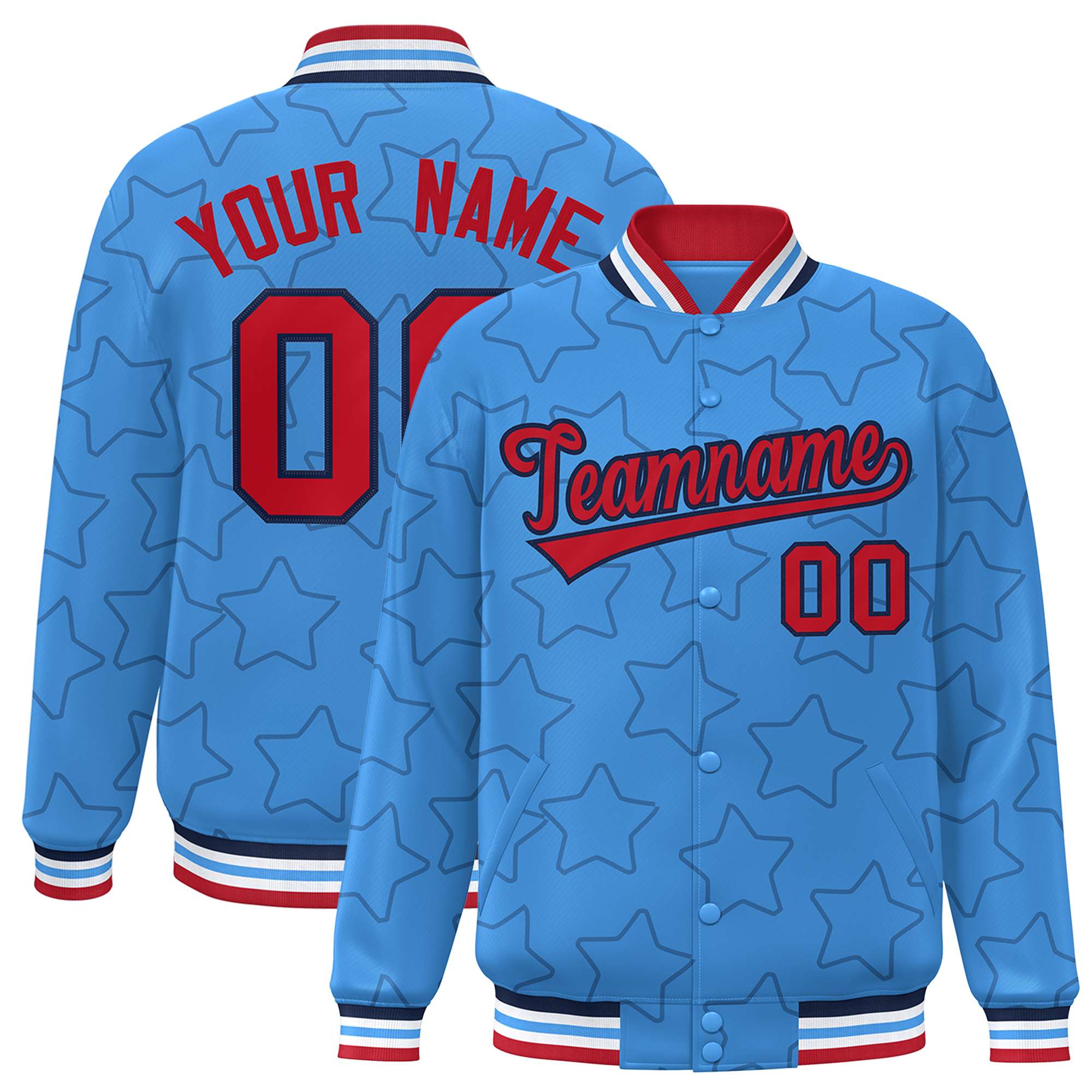 Custom Powder Blue Navy Varsity Full-Snap Star Pattern Letterman Baseball Jacket