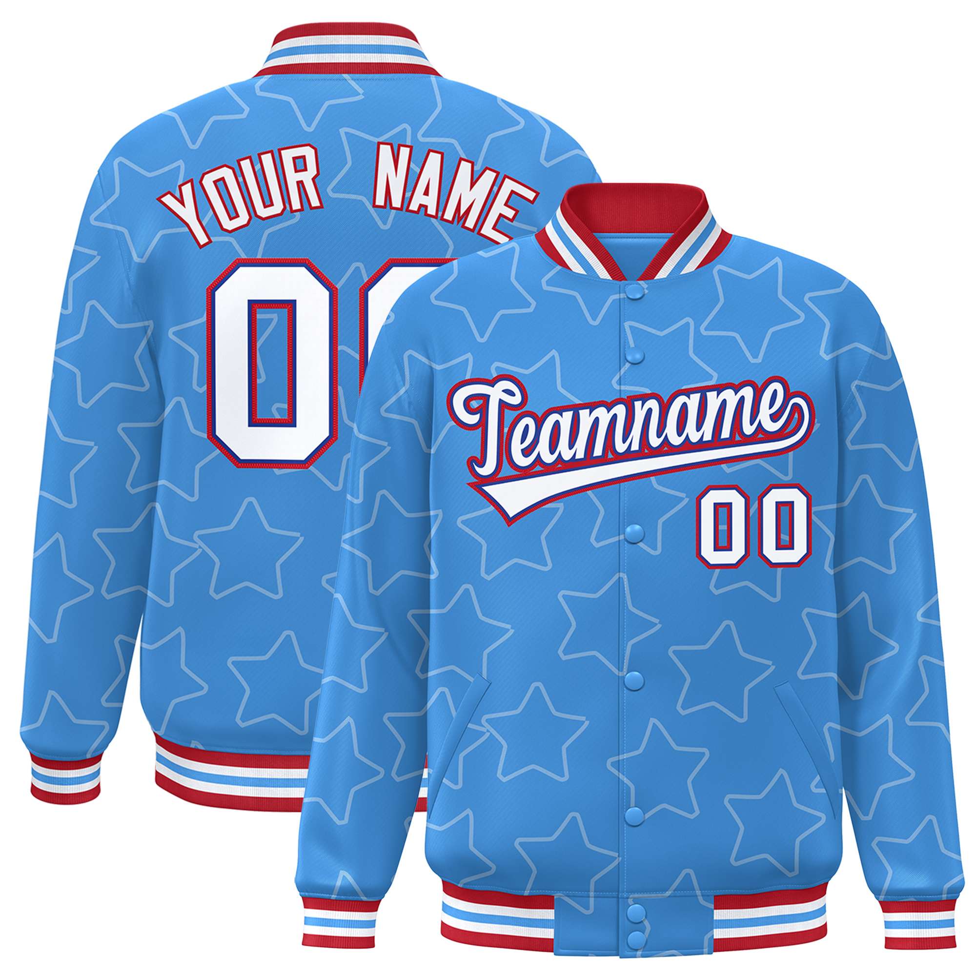 Custom Powder Blue White Varsity Full-Snap Star Pattern Letterman Baseball Jacket