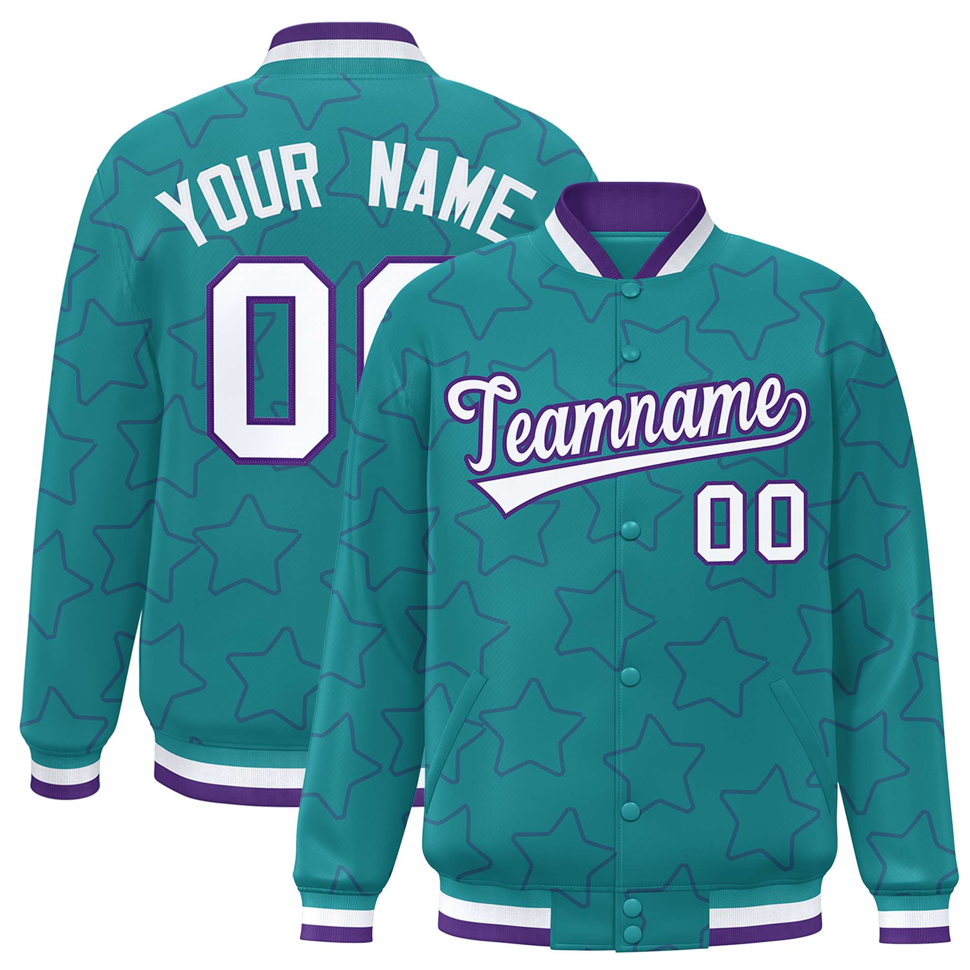 Custom Aqua Purple Varsity Full-Snap Star Pattern Letterman Baseball Jacket