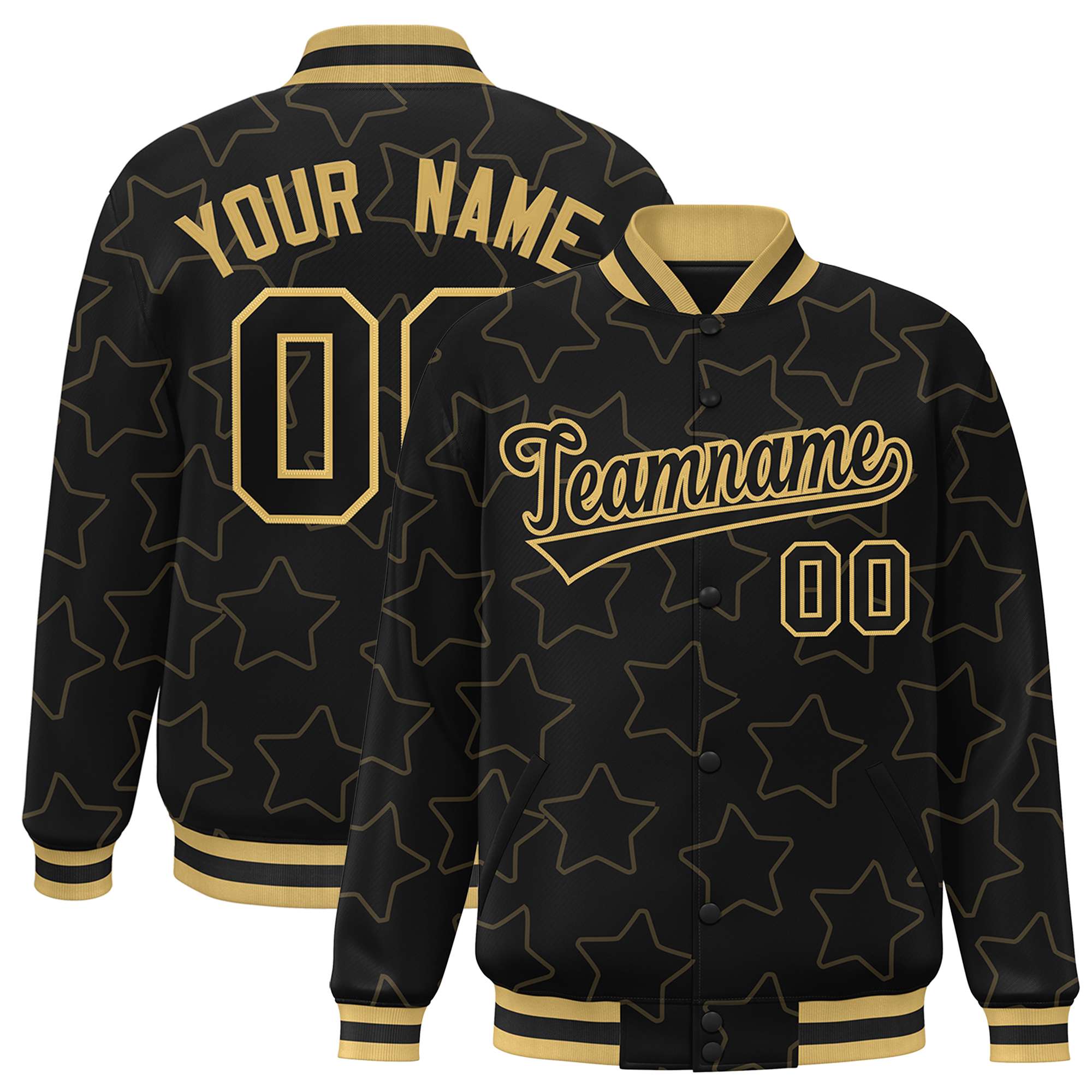 Custom Black Old Gold Varsity Full-Snap Star Pattern Letterman Baseball Jacket