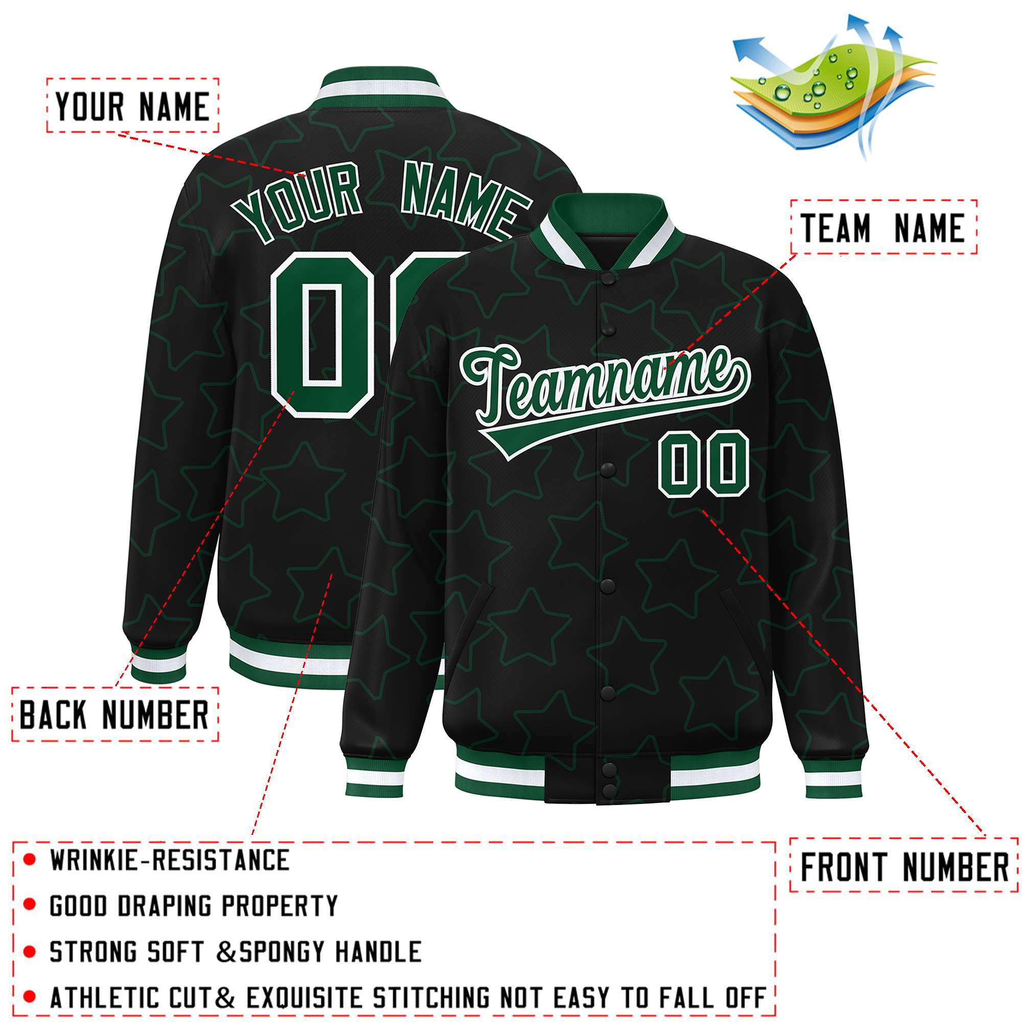 Custom Black Green Varsity Full-Snap Star Pattern Letterman Baseball Jacket