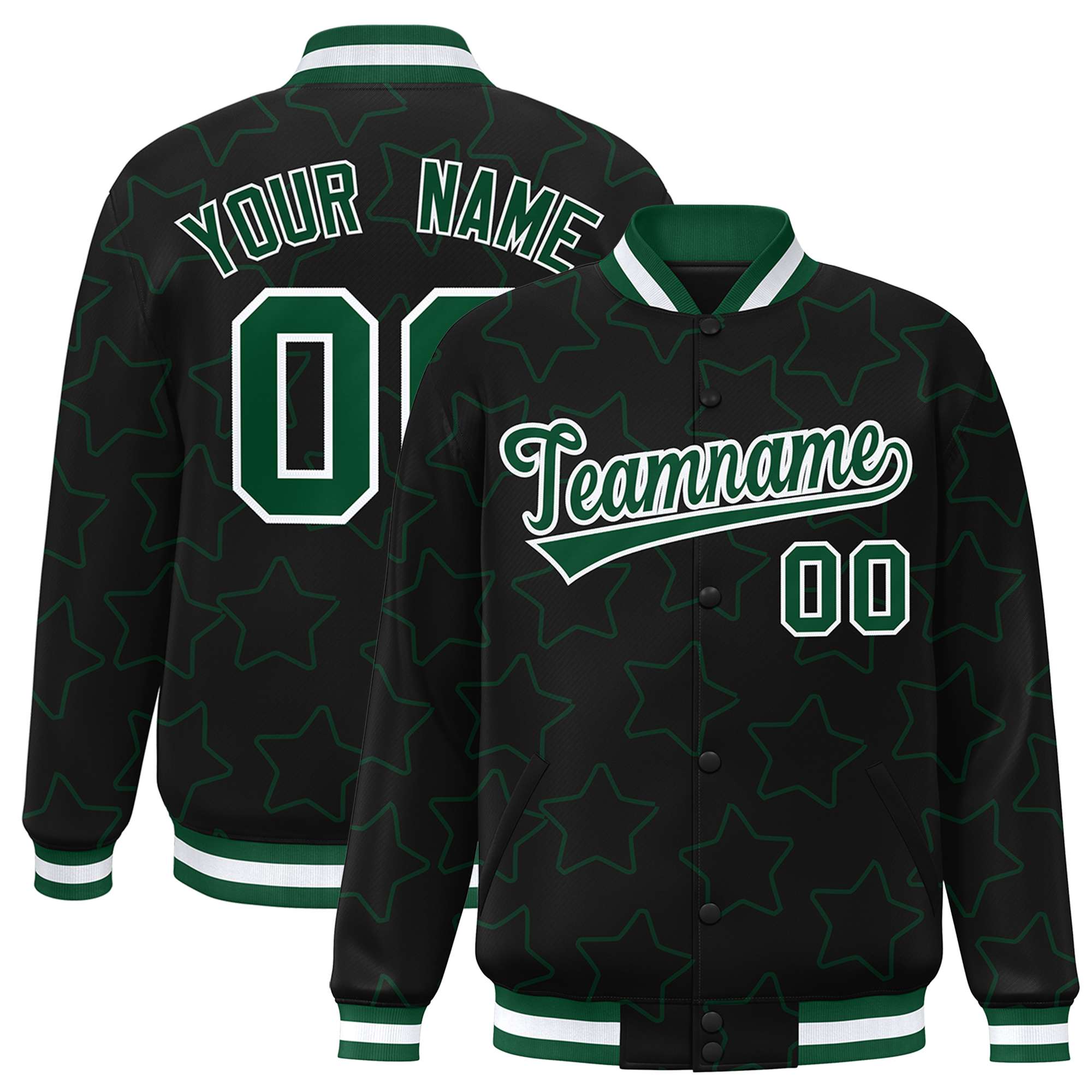 Custom Black Green Varsity Full-Snap Star Pattern Letterman Baseball Jacket