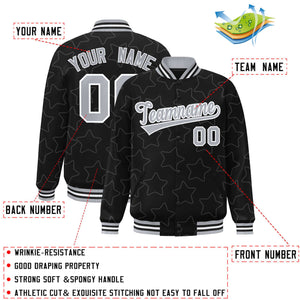 Custom Black Gray Varsity Full-Snap Star Pattern Letterman Baseball Jacket