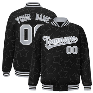 Custom Black Gray Varsity Full-Snap Star Pattern Letterman Baseball Jacket