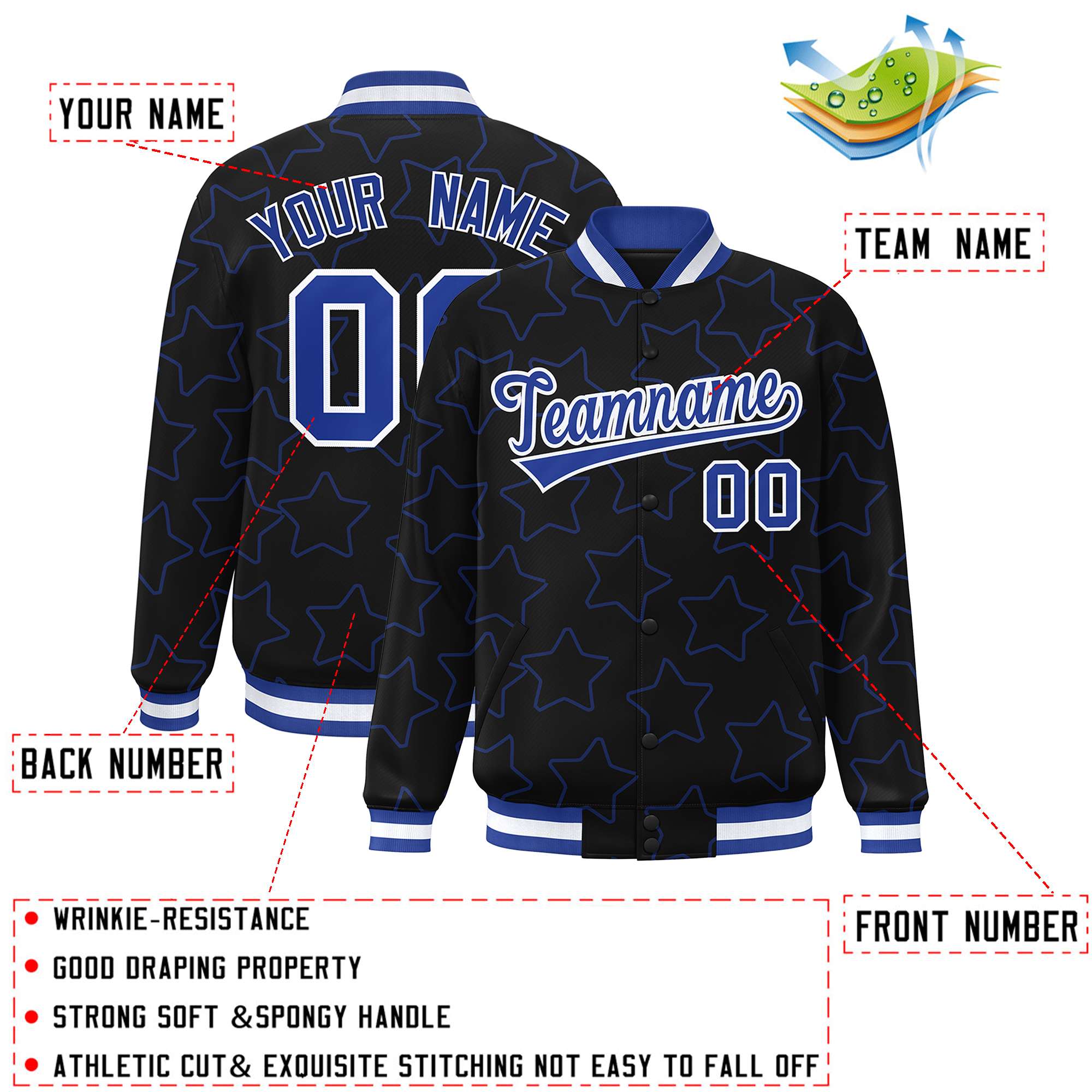 Custom Black Royal Varsity Full-Snap Star Pattern Letterman Baseball Jacket