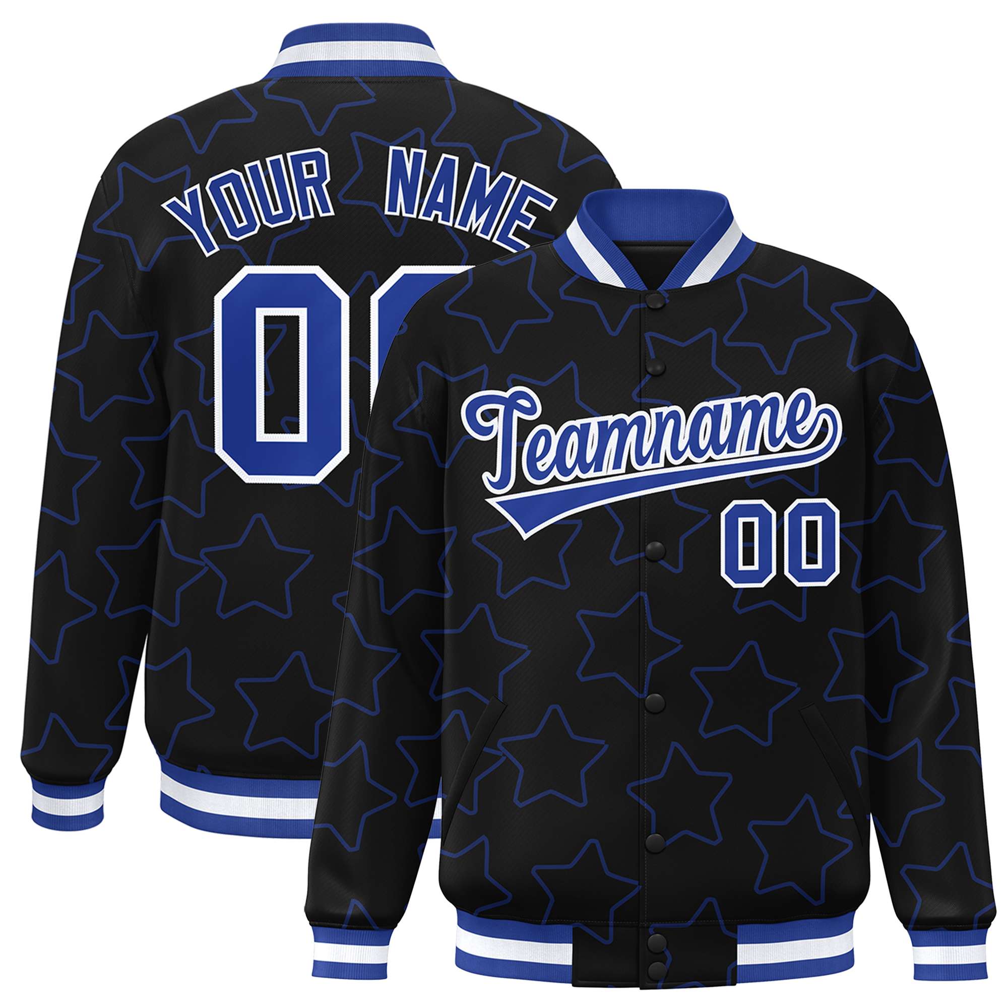 Custom Black Royal Varsity Full-Snap Star Pattern Letterman Baseball Jacket