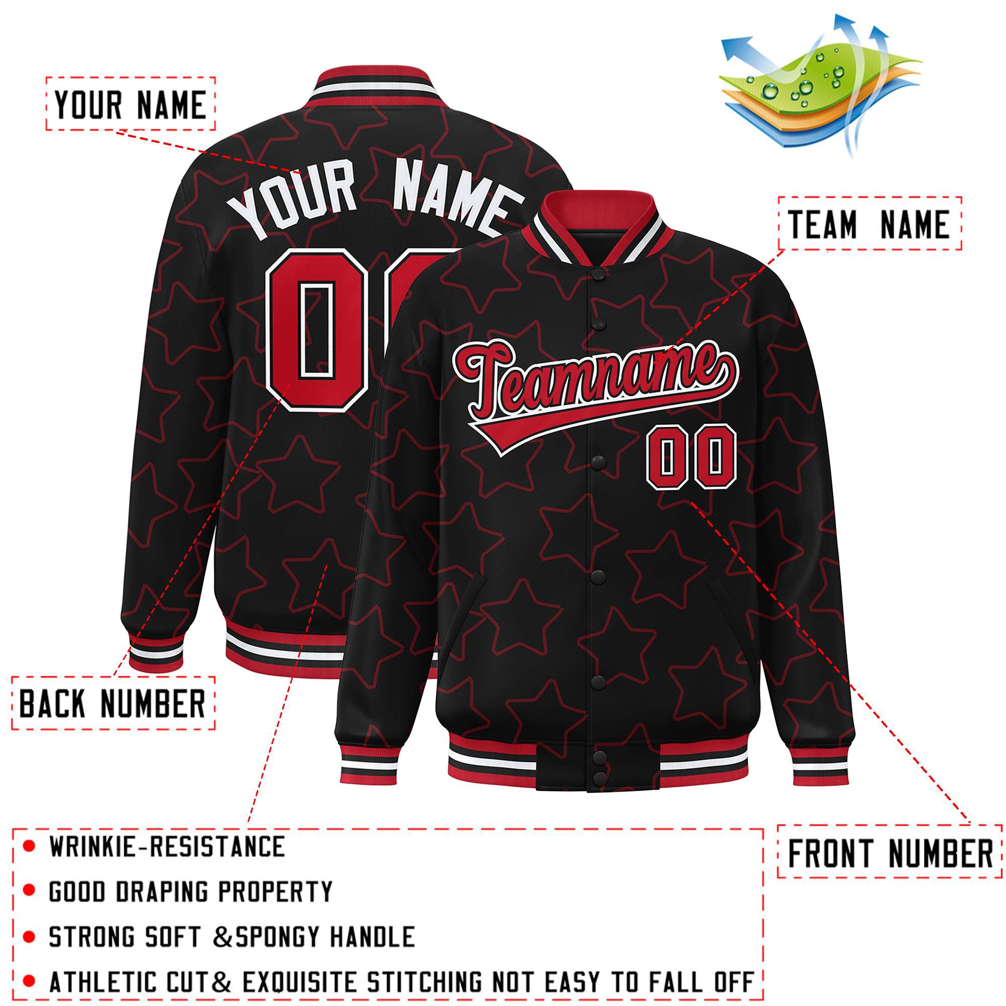 Custom Black Red Varsity Full-Snap Star Pattern Letterman Baseball Jacket