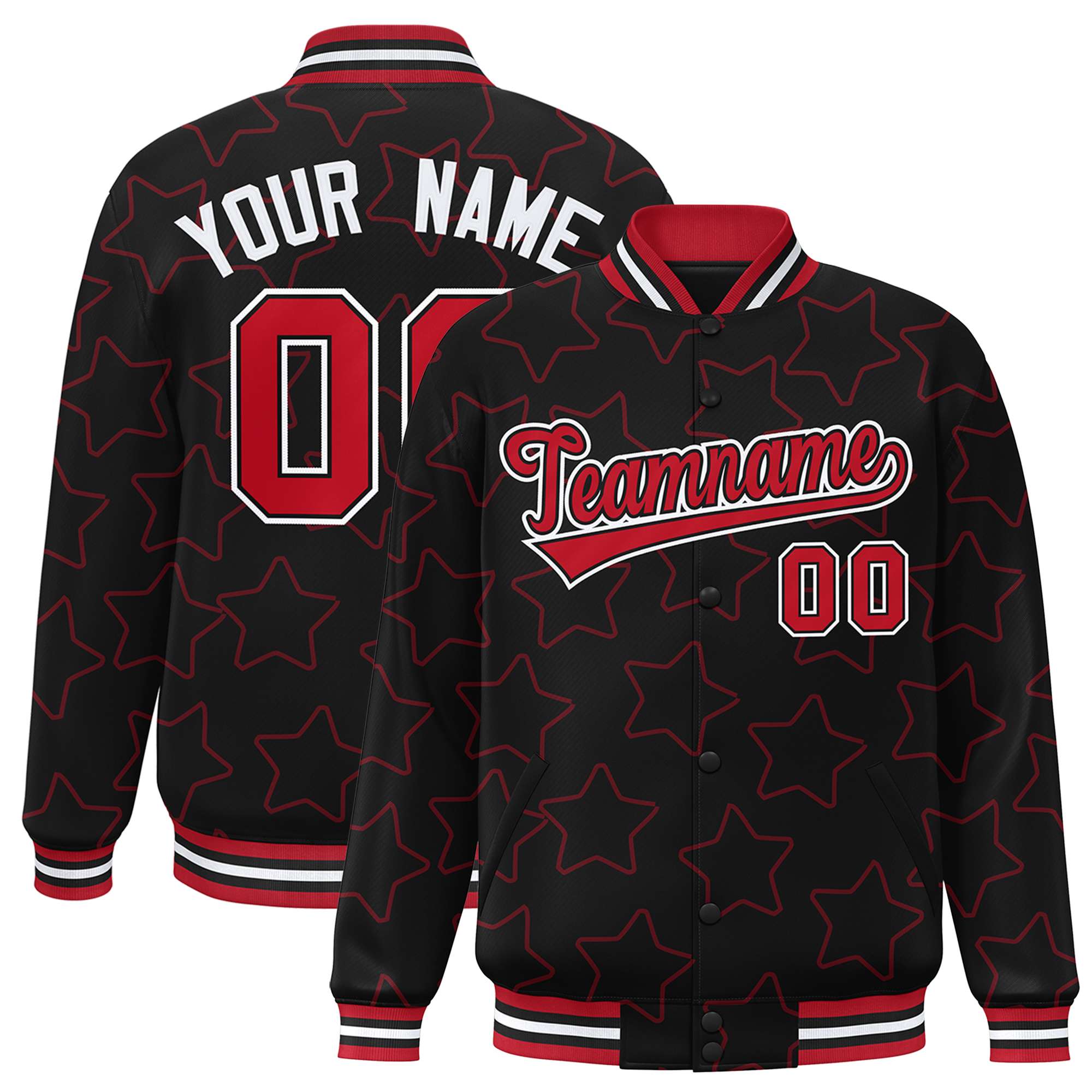 Custom Black Red Varsity Full-Snap Star Pattern Letterman Baseball Jacket